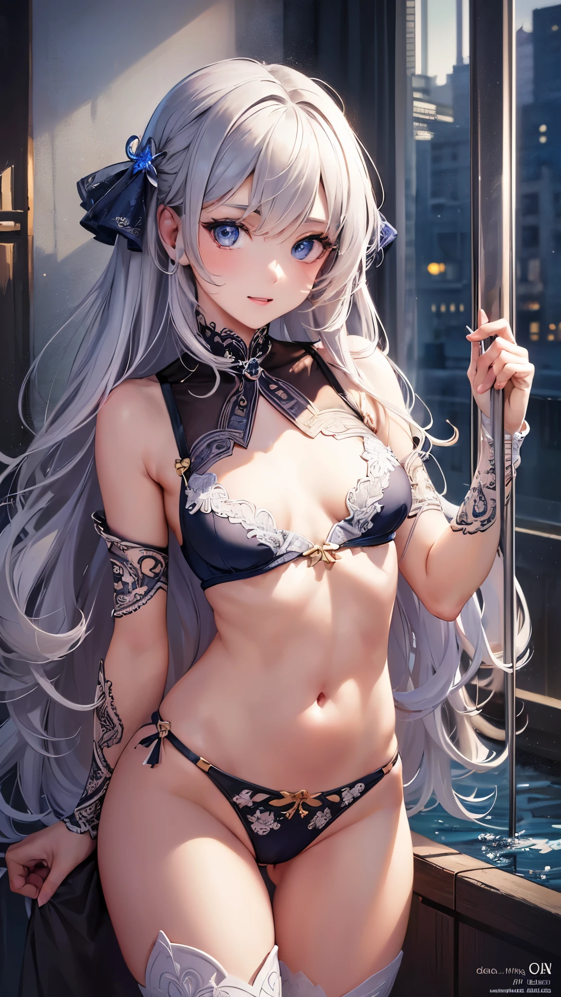 ((highest quality)),(ultra high resolution),(Super detailed),(detailed description),((best CG)),(best work of art),super precision art,amazing drawing art,(Art with precise details:1.5), (gravure model:1.5),(beautiful and neat face:1.6),((small breasts:1.8)),(chic bikini swimwear:1.,8),Thin Chain Necklace:1.2,belly button