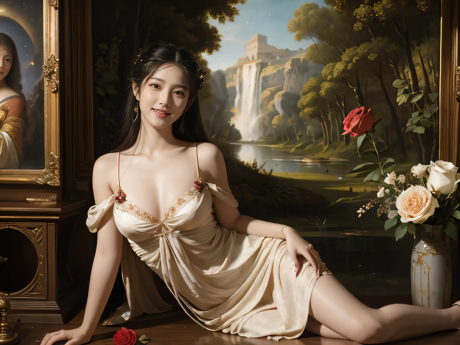Giorgione painting style,Arguments of two female Philosophe,math、astronomical machine、astronaut、roses in vase、fruits、Cute trinkets、smile、ancient greek costume、Background is a forest lake at night 、Clothes that stretch your shoulders、A big smile、beautiful bare skin、A detailed representation of the seducing woman throughout her body.sexy
