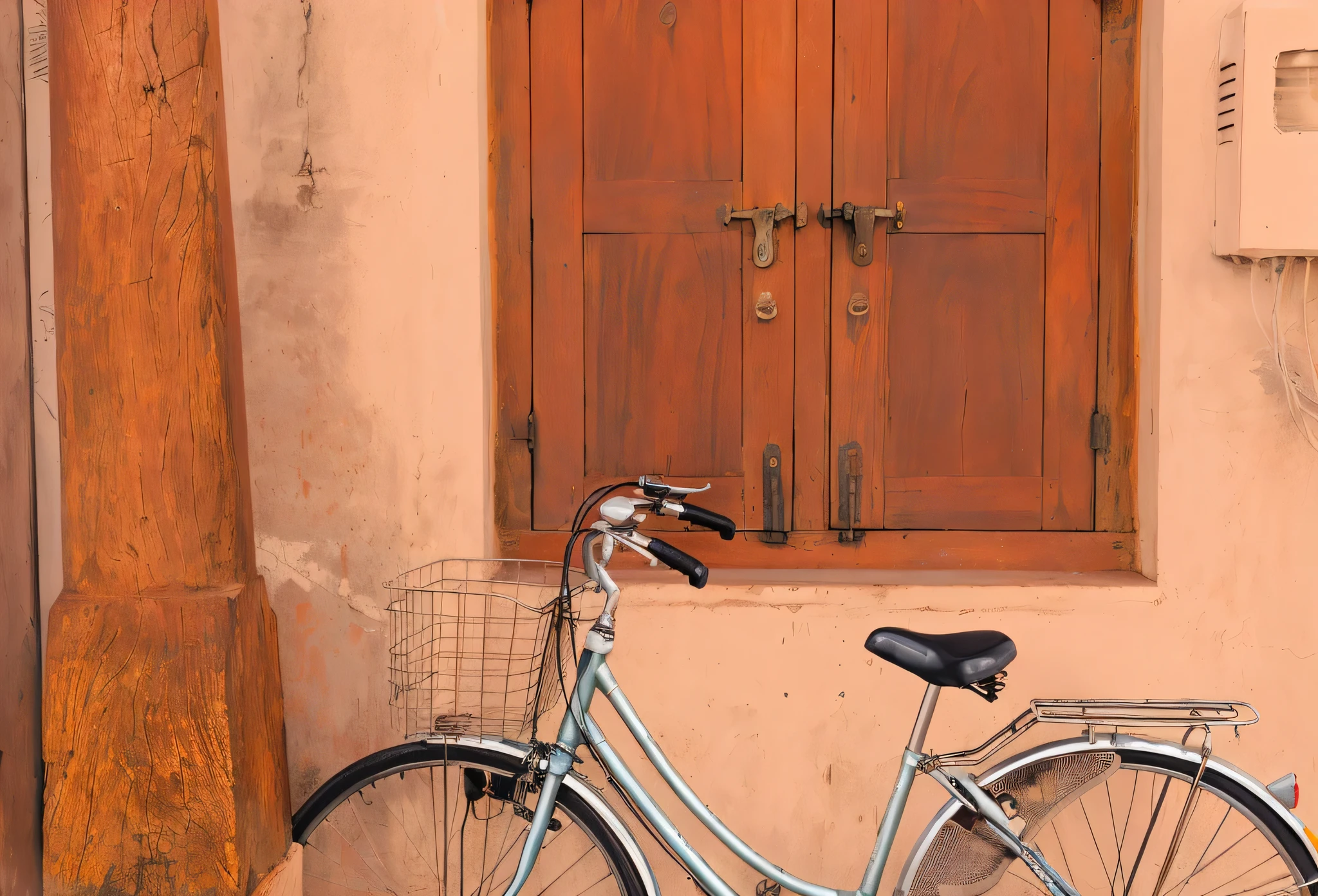 there is a bicycle parked in front of a building with a wooden door, bicycle in background, bicycle, bicycles, middle close up composition, perfect detail, details and vivid colors, hard morning light, evening light, wonderful details, look at the details, by Richard Carline, morning light, artistic interpretation, half image, insanly detailed