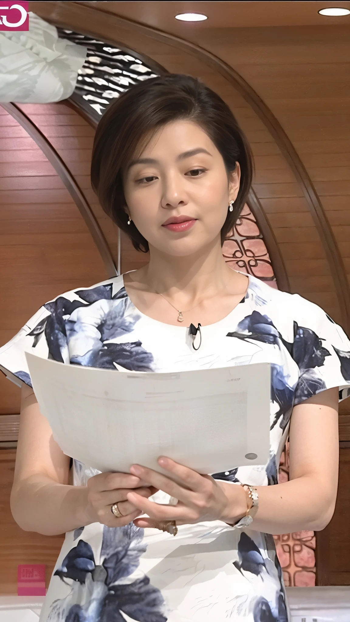 (A middle-aged woman holding and reading a news manuscript with her eyes downcast.),silver watch,silver ring,silver necklace,silver earrings,asymmetric short hair:1.2, 肉付きの良いタイトなone piece,(photo realistic:1.4), (hyper realistic:1.4), (realistic:1.3), (smoother lighting:1.05), (Improve the quality of cinematic lighting:0.9), 32K, 40 year old Japanese woman, realistic lighting, Backlight, light shines on your face, ray tracing, (bright light:1.2), (Improvement of quality:1.4), (Highest quality realistic textured skin:1.4), detailed eyes, detailed face, high quality eyes, (Tired, sleepy and satisfied:0.0), upper body close-up, one piece, (Enhance the mood of your body line:1.1), (Enhances the beauty of skin texture:1.1)An arafi woman wearing a floral dress and reading a paper, 