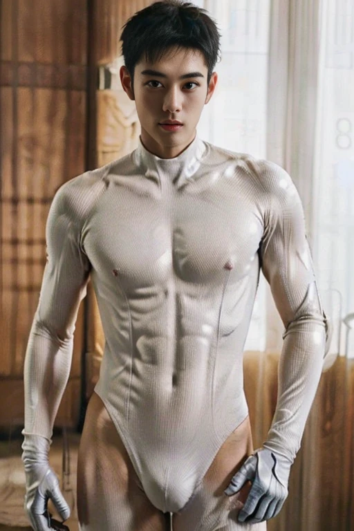 (masutepiece,High resolution,ultra - detailed:1.0),1(Boy,Robot Boy),Perfect male body,Look at the camera,Delicate eyes and delicate face,extremely details CG,Unity 8k壁纸,intricate-detail,solo person,Detailed face, (Futuristic skin-perfect white bodysuit), Best Quality, hands visible, (White Gloves), Beautiful and delicate blue short hair:1.5 , full length shot(fls) , big thighs , big hips , insane details, hyper details , photorealistic , only male , handsome boy , fat buttock , puffy nipples
