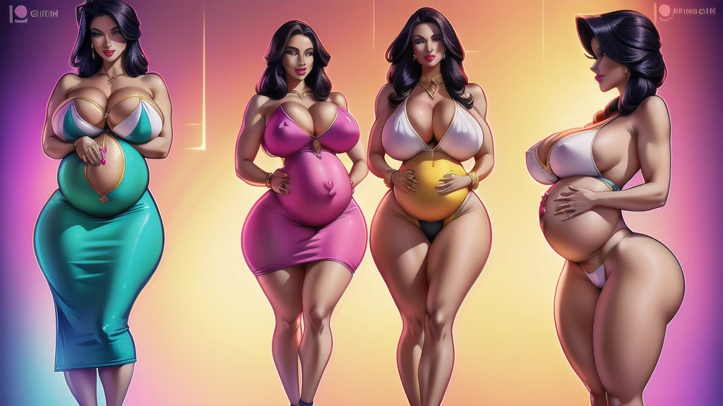 (character design sheet of gigantic busty pregnant) realistic, detailed, luxurious jewelry, glamorous makeup, sexy and revealing outfits, low heels, curvy body shape, confident posture, fashionable accessories, stylish hair, standing posture, light background, vibrant colors, professional concept art style, high resolution, studio lighting, fine details, dynamic pose, (covered big nipples), gigantic breasts, huge ass