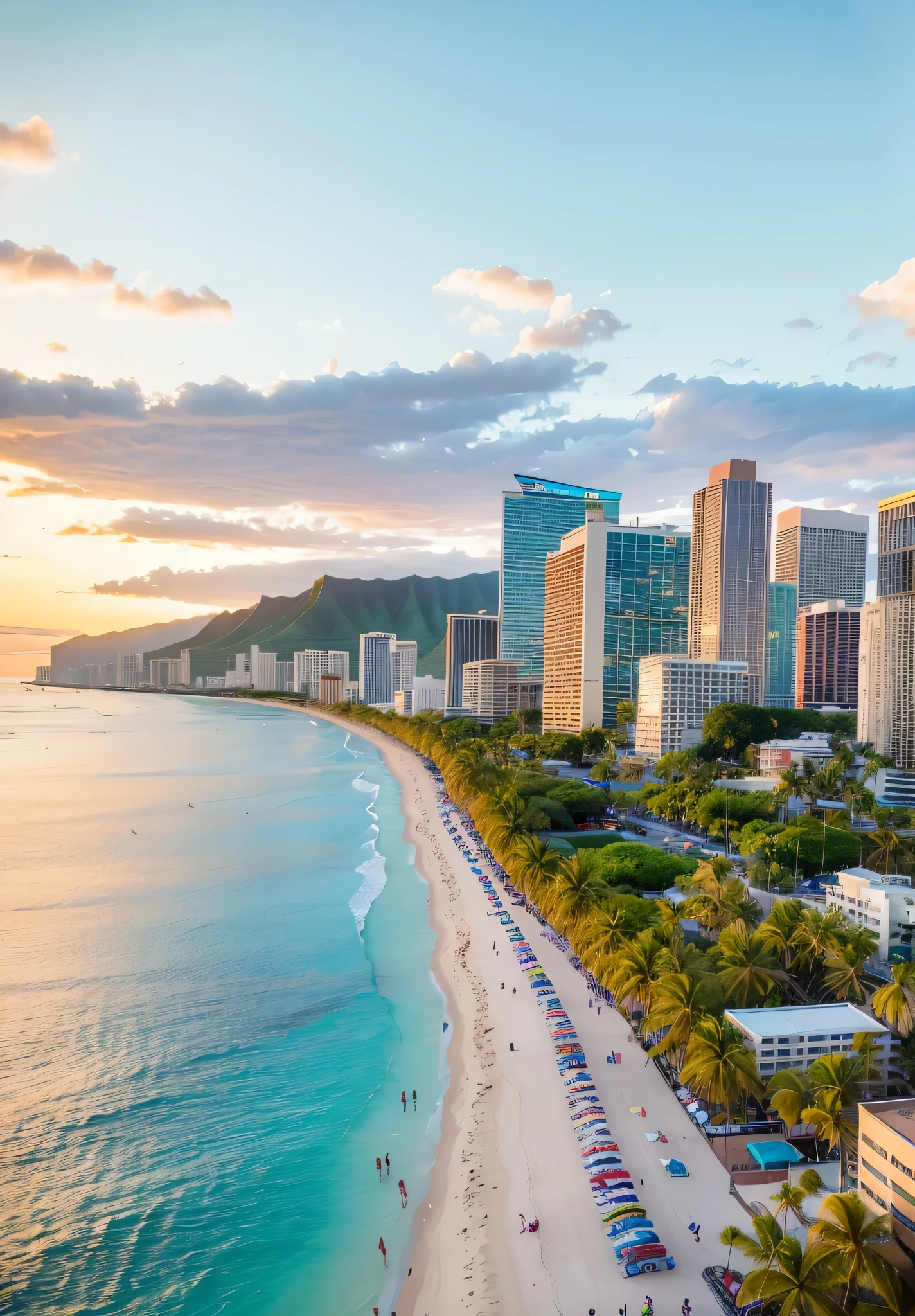 arafly shot of a beach with palm trees and a city in the background, waikiki beach skyline, waikiki beach, hawaii, hawaii beach, tropical coastal city, outdoors tropical cityscape, travel, paradise in the background, overhead shot, usa-sep 20, beautiful high resolution, shutterstock, in a tropical and dystopic city, view, beach
