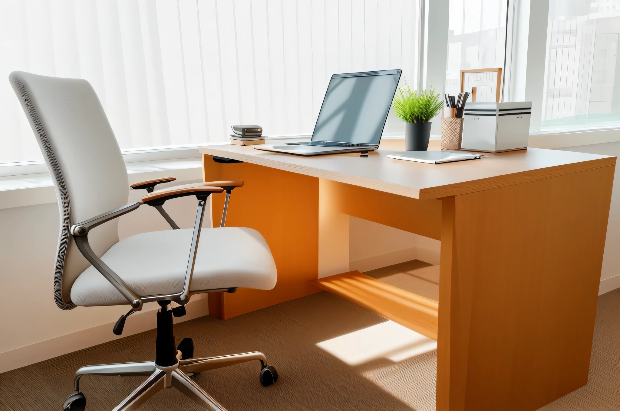 there is a desk with a laptop and a chair in front of it, office furniture, home office interior, office room interior, empty office, working in an office, home office, office background, modern office, sat in an office, in a open-space working space, office interior, sitting at desk, sitting at a desk, sitting behind desk, big desk