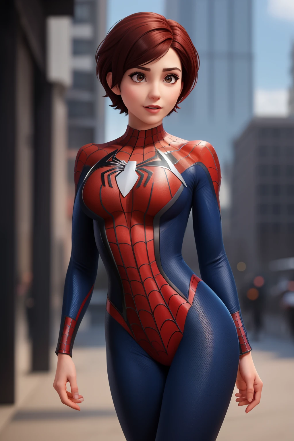 Beautiful woman with short hair detailed defined body using spider man cosplay, small breasts