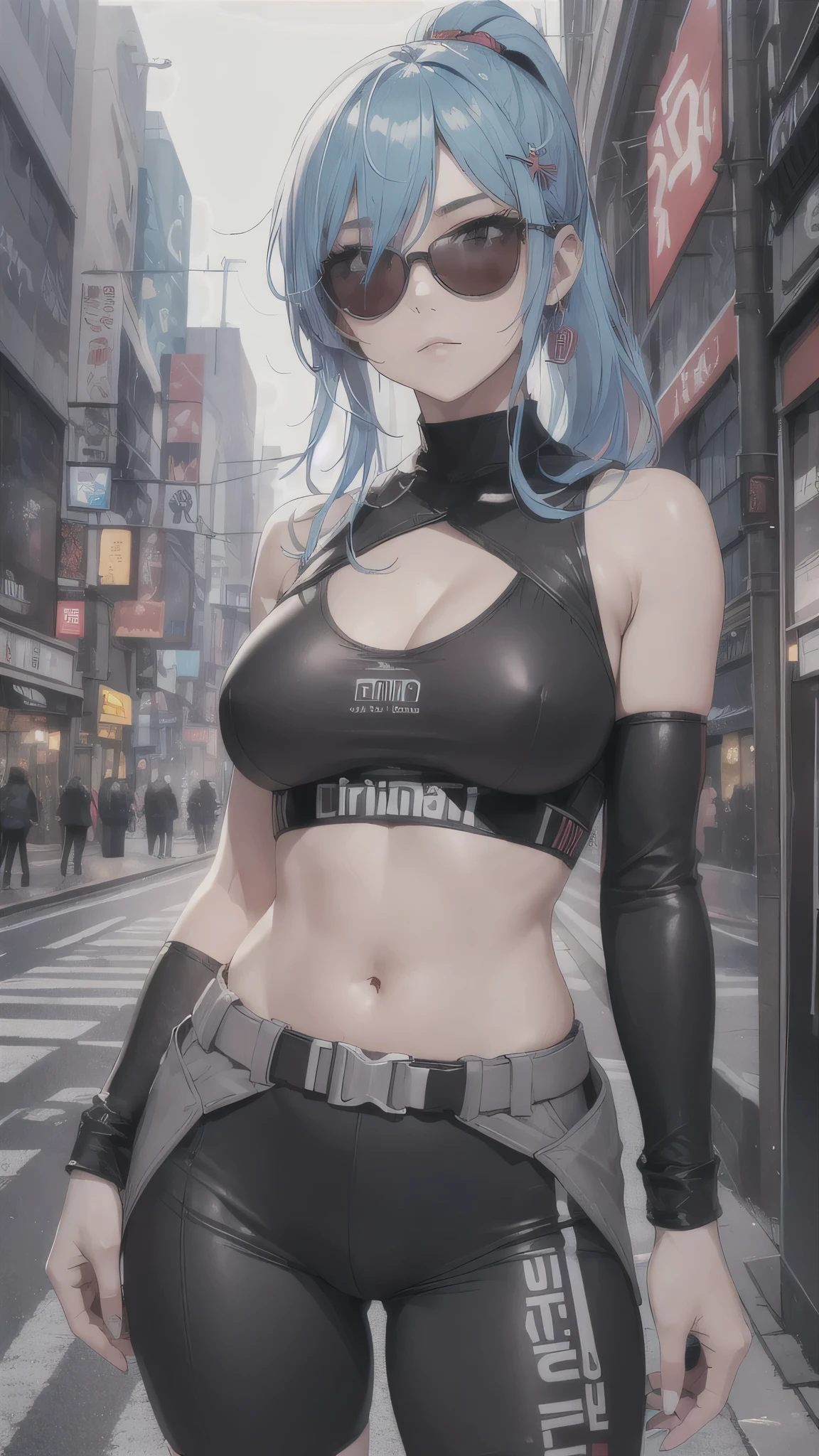 最high quality、best image quality、masterpiece、girl((20-year-old、 By becoming、vest bust、medium bust,wide open breast tea、shining eyes, light blue hair、long hair、thin,highest valley、ponytail、action of looking up、right arm bandage、Black shirt with wide open chest、berry shorts、cool pose、holding a black smartphone、Cyber Sunglasses、かっこいいbicycleに乗る、Run)),high quality、beautiful art、background((cyberpunk city、punk house、bicycle))、Flight、debris flies、Depth of written boundary、movie、visual art、perfect art、8k,genuine、