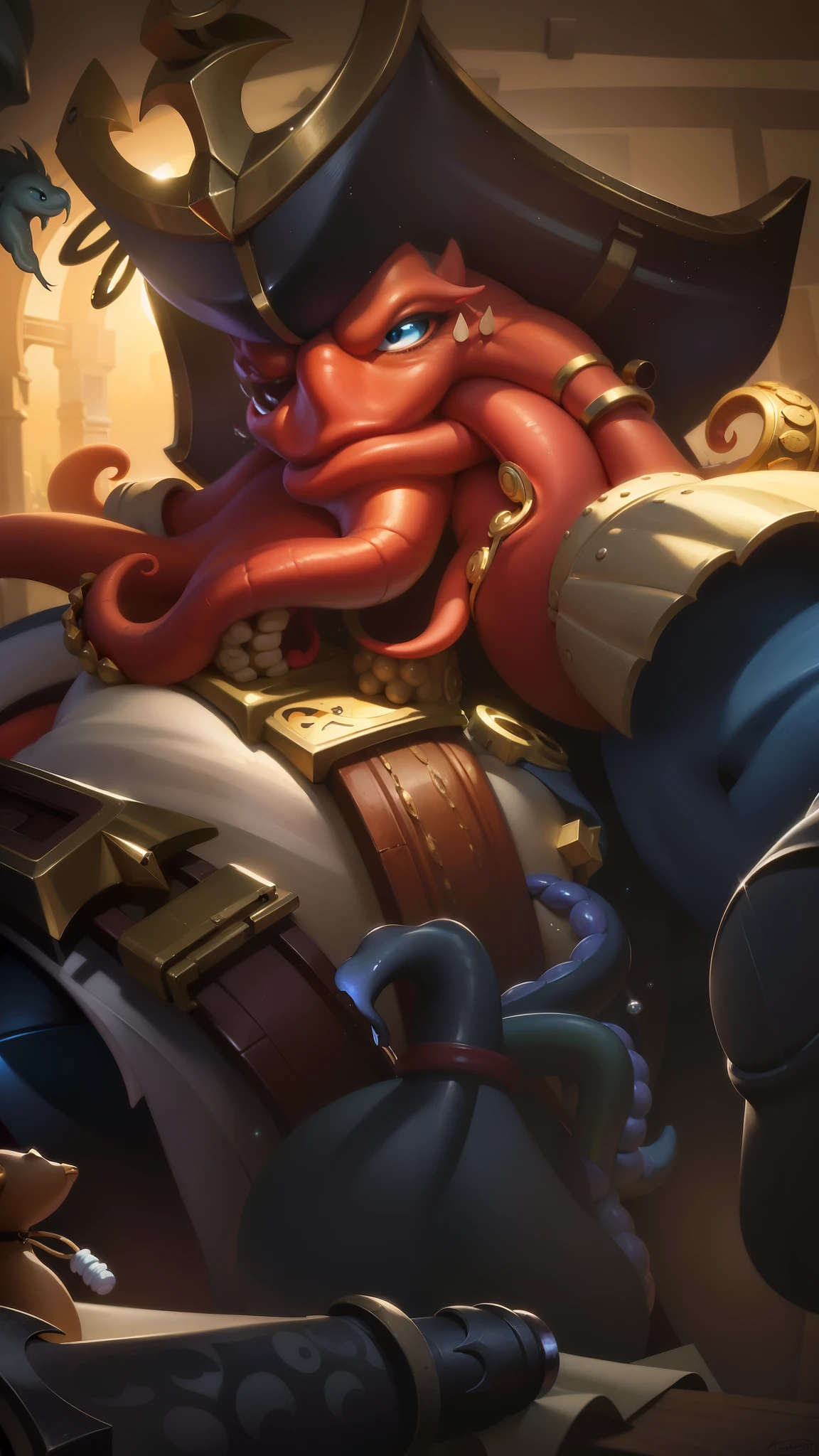masterpiece, ((perfect eyes)) best quality, (semirealism:1.9), beautiful lighting, (extremely detailed CG unity 4k fhd wallpaper), High Detail, Sharp focus, dramatic outdoors, there is a cartoon picture of a pirate with a giant octopus, official splash art, iconic character splash art, full art, splash art, character splash art, zenra taliyah, tentacles beard, casimir art, early cuyler, league of legends character art, kda, hearthstone card art, full art illustration, league of legends art style, hearthstone art.