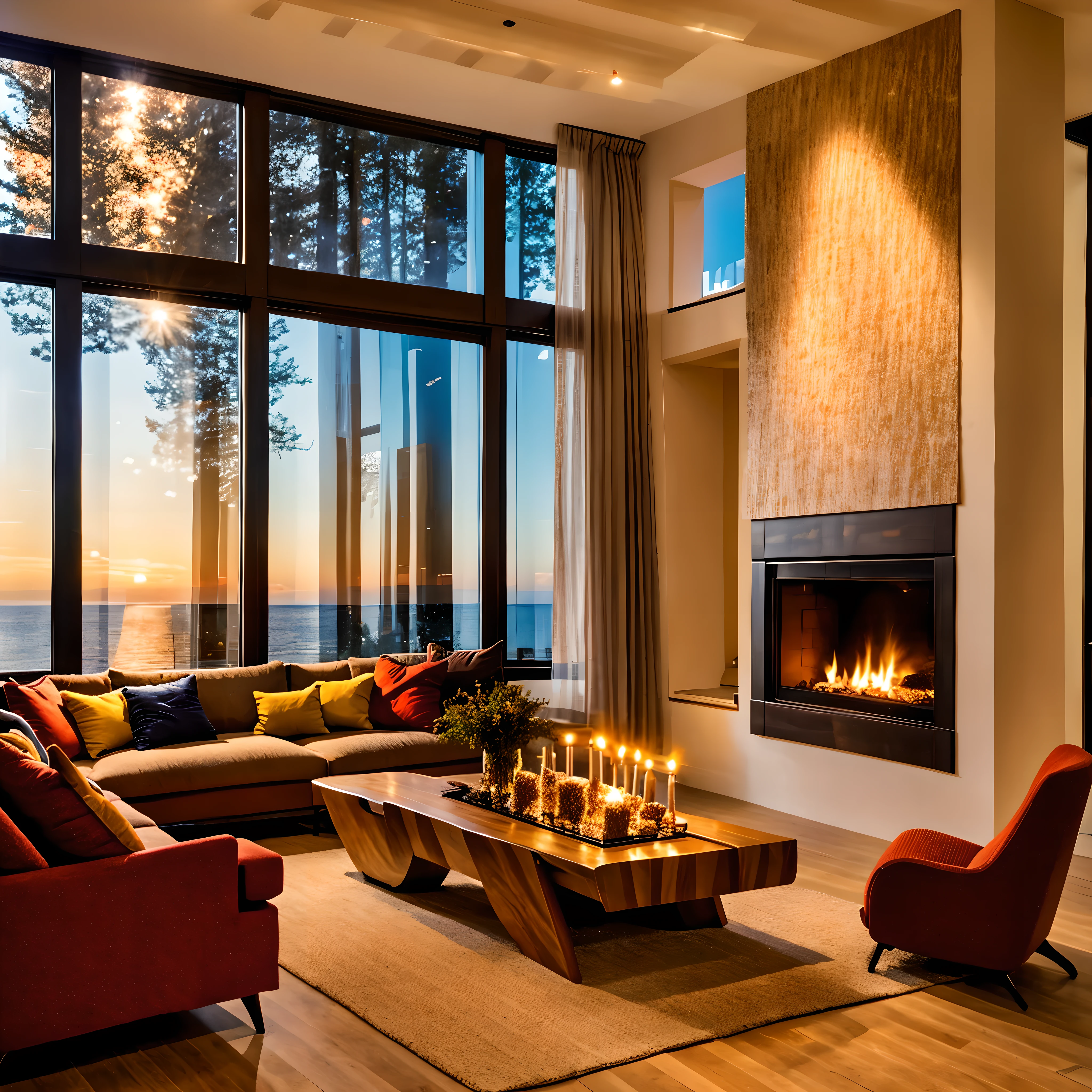 Describe a room in a pleasant house, prepared for a romantic dinner by the warm glow of candles and the fireplace, with a large television and expansive windows offering a view of the serene outdoors. The interior of the house is meticulously crafted from carefully selected and blended wood, striking a balance between modernism and sophistication. The room is not cluttered with excessive furniture, creating an intimate atmosphere by the fireplace. The scene is set for a cozy evening, with the ambiance perfect for a romantic occasion, capturing the imagination and stirring the soul, 4k