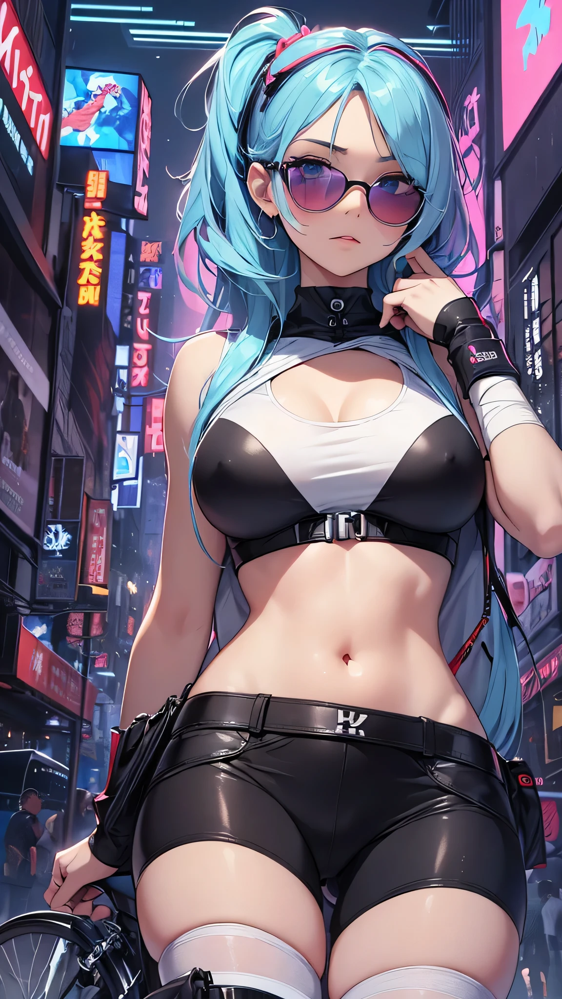 最high quality、best image quality、masterpiece、girl((20-year-old、 By becoming、vest bust、medium bust,wide open breast tea、shining eyes, light blue hair、long hair、thin,highest valley、ponytail、action of looking up、right arm bandage、Black shirt with wide open chest、berry shorts、cool pose、holding a black smartphone、Cyber Sunglasses、かっこいいbicycleに乗る)),high quality、beautiful art、background((cyberpunk city、punk house、bicycle))、Flight、debris flies、Depth of written boundary、movie、visual art、perfect art、8k,genuine、