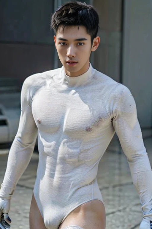 (masutepiece,High resolution,ultra - detailed:1.0),1(Boy,Robot Boy),Perfect male body,Look at the camera,Delicate eyes and delicate face,extremely details CG,Unity 8k壁纸,intricate-detail,solo person,Detailed face, (Futuristic skin-perfect white bodysuit), Best Quality, hands visible, (White Gloves), Beautiful and delicate blue short hair:1.5 , full length shot(fls) , big thighs , big hips , insane details, hyper details , photorealistic , only male , handsome boy , fat buttock , puffy nipples
