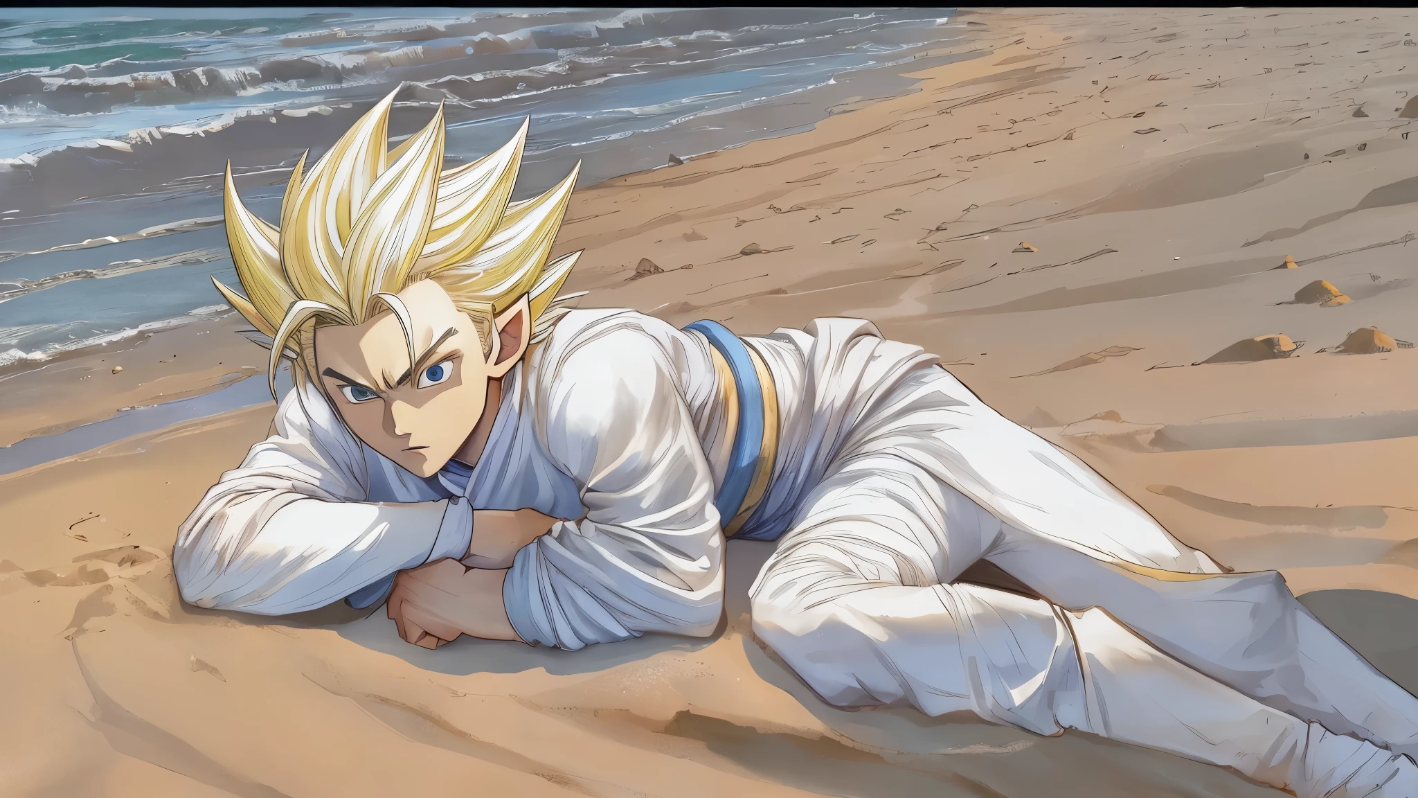 (master piece), 8k, best quality, book illustration, panoramic view, , elf boy, childlike appearance, naive, male, teenager, 14 years old, white skin, thin body, pointed elf ears, beautiful finely detailed eyes silver colored, high forehead, spiky yellow blonde hair like Gohan from the anime dragon ball (super saiyan), round face, highly detailed, sharp focus, conservative elven outfit, conservative posture, lying on the beach sand, soaked and perplexed, scared