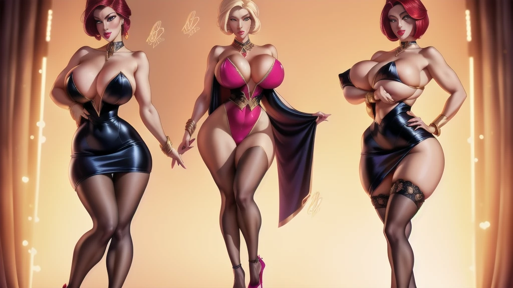 (character design sheet of mature bimbo) realistic, detailed, luxurious jewelry, glamorous makeup, sexy and revealing outfits, high heels, curvy body shape, confident posture, fashionable accessories, stylish hair, standing posture, light background, vibrant colors, professional concept art style, high resolution, studio lighting, fine details, dynamic pose, (covered big nipples), gigantic breasts, huge ass