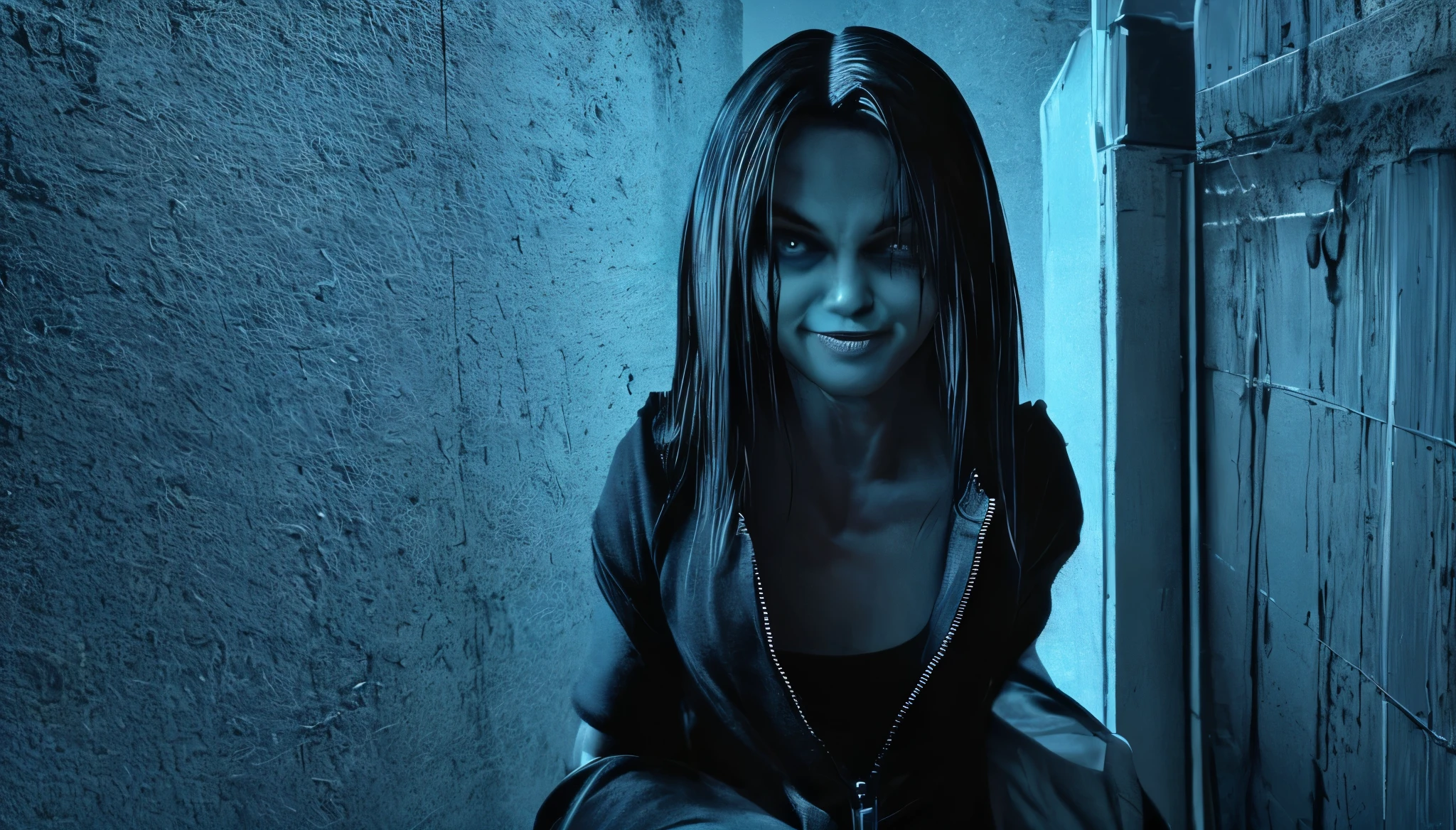(Upper body、from the chest up:1.5), disgusting horror images, unknown creature、evil smile and glowing eyes, 4K scary art, Best Jump Scare Scenes, Very scary, glowing eyes and mouth, black eyes shine, his eyes are black and shining, blue shining face, completely black eyes、No pupil、There&#39;s no blood