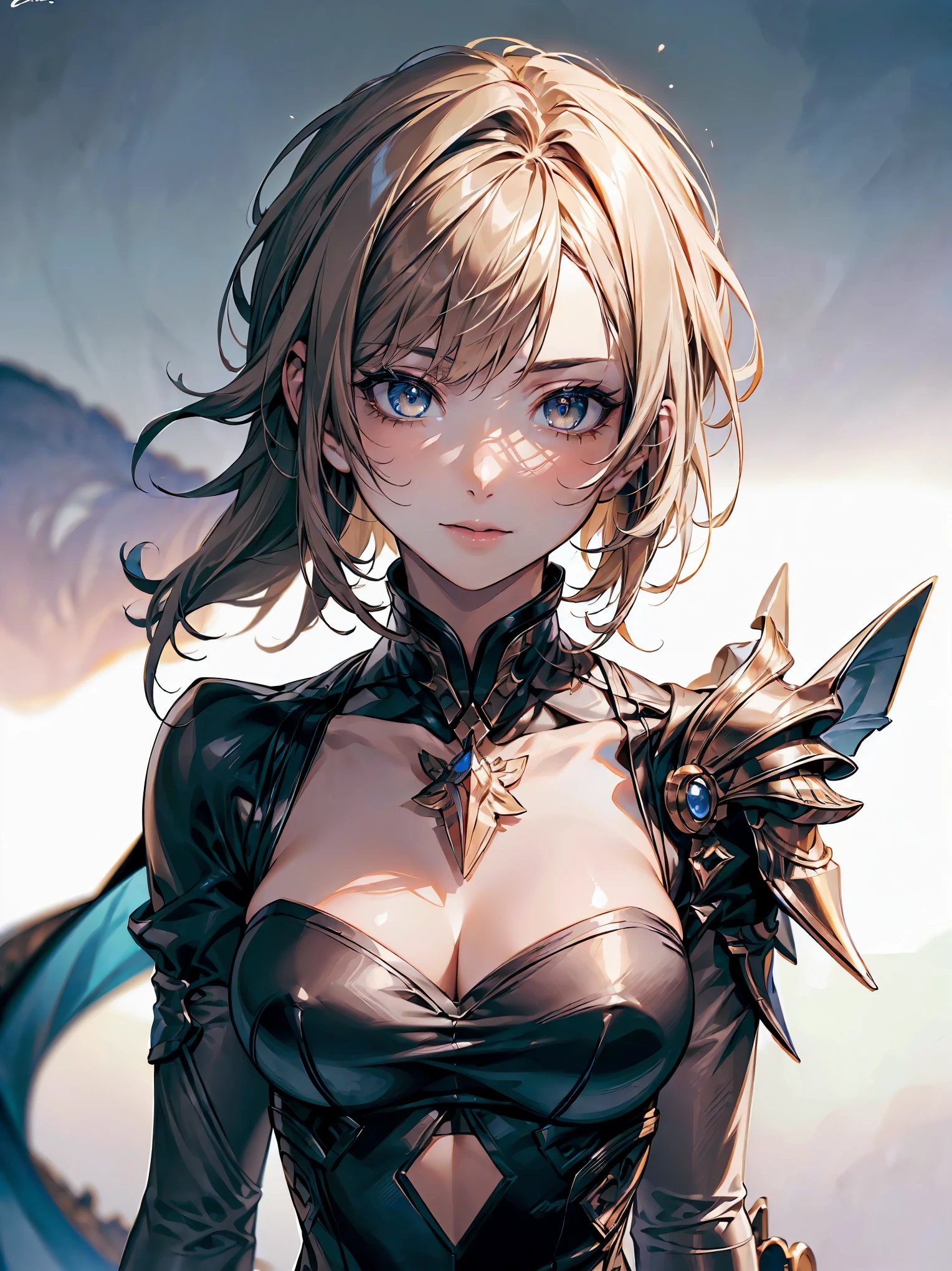(( (masterpiece)，（Highly detailed CG Unity 8k wallpaper），(bust shot:1.5), highest quality，cinematic lighting，Photoreal, detailed background，beautiful and detailed eyes，bright eyes，（very elegant and beautiful），（Beautiful and delicate depiction of eyes），Super detailed，masterpiece，High resolution)), Richly decorated armor, beautiful female warrior, short hair, platinum blonde hair, cleavage