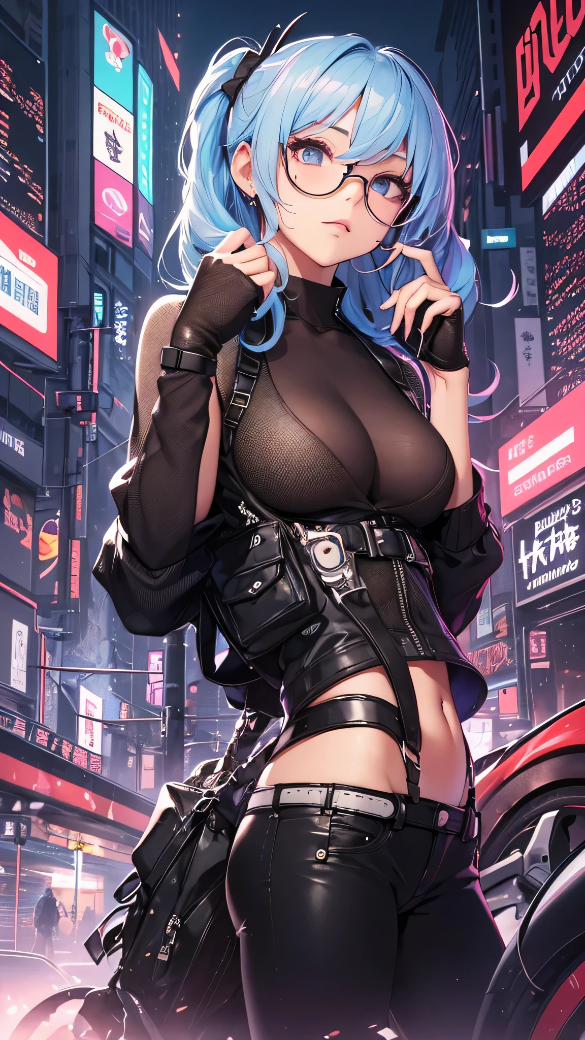 最high quality、best image quality、masterpiece、girl((20-year-old、 By becoming、vest bust、medium bust,wide open breast tea、shining eyes, light blue hair、long hair、thin,highest valley、ponytail、action of looking up、right arm bandage、Black shirt with wide open chest、berry shorts、cool pose、holding a black smartphone、Cyber Sunglasses、ride a cool bike)),high quality、beautiful art、background((cyberpunk city、punk house))、Flight、debris flies、Depth of written boundary、movie、visual art、perfect art、8k,genuine、