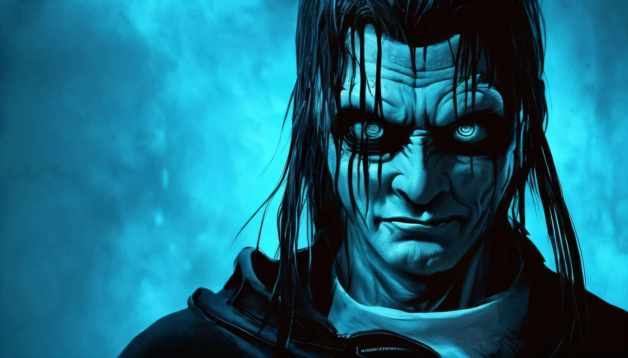 (Upper body、from the chest up:1.5), disgusting horror images, unknown creature、evil smile and glowing eyes, 4K scary art, Best Jump Scare Scenes, Very scary, glowing eyes and mouth, black eyes shine, his eyes are black and shining, blue shining face, completely black eyes、No pupil、There's no blood
