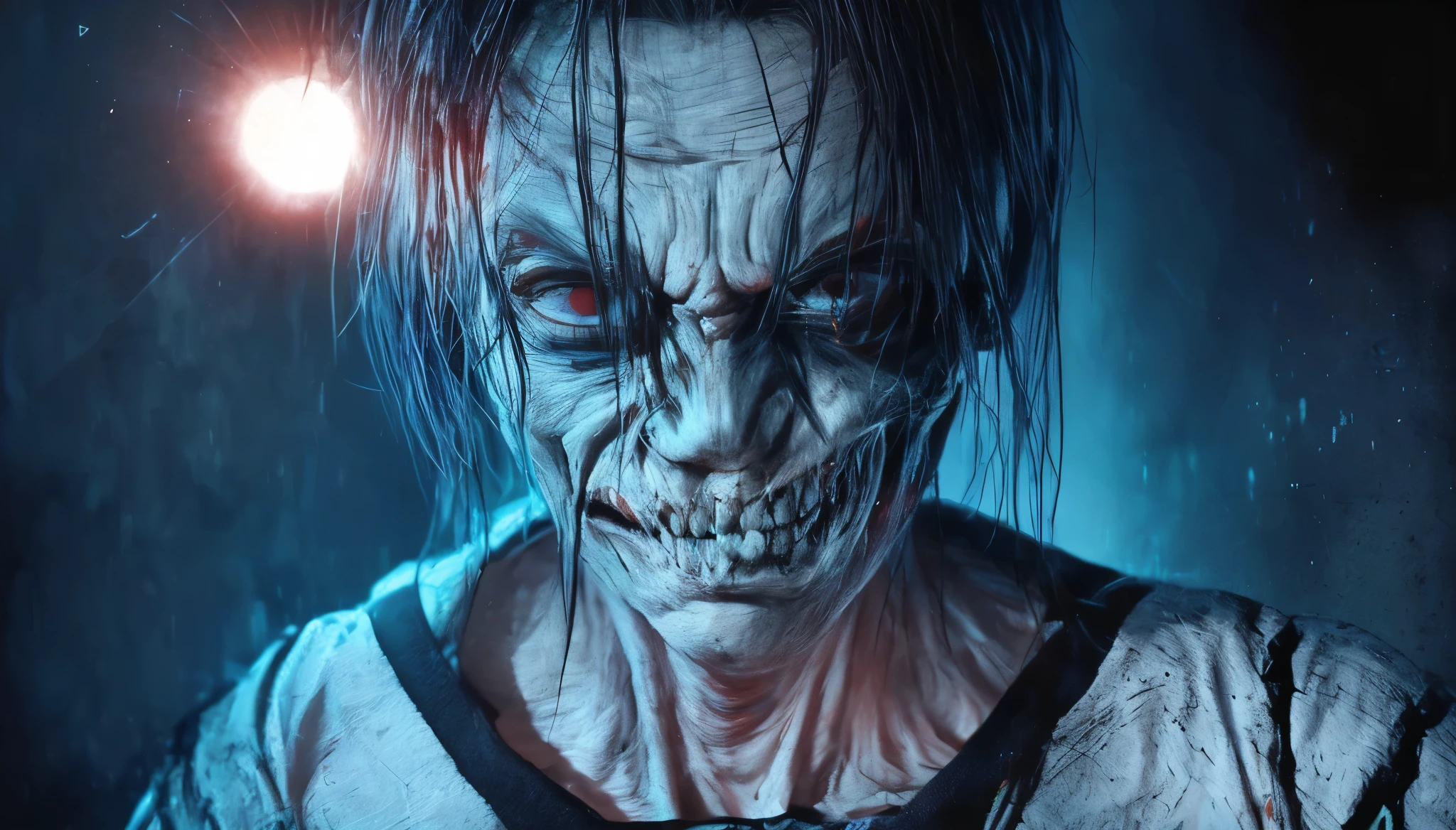 (Upper body、from the chest up:1.5), disgusting horror images, unknown creature、evil smile and glowing eyes, Awesome color art in 4K, Best Jump Scare Scenes, Very scary, glowing eyes and mouth, red eyes shine, his eyes are red and shining, blue shining face, completely red eyes、No pupil、split mouth, human skin