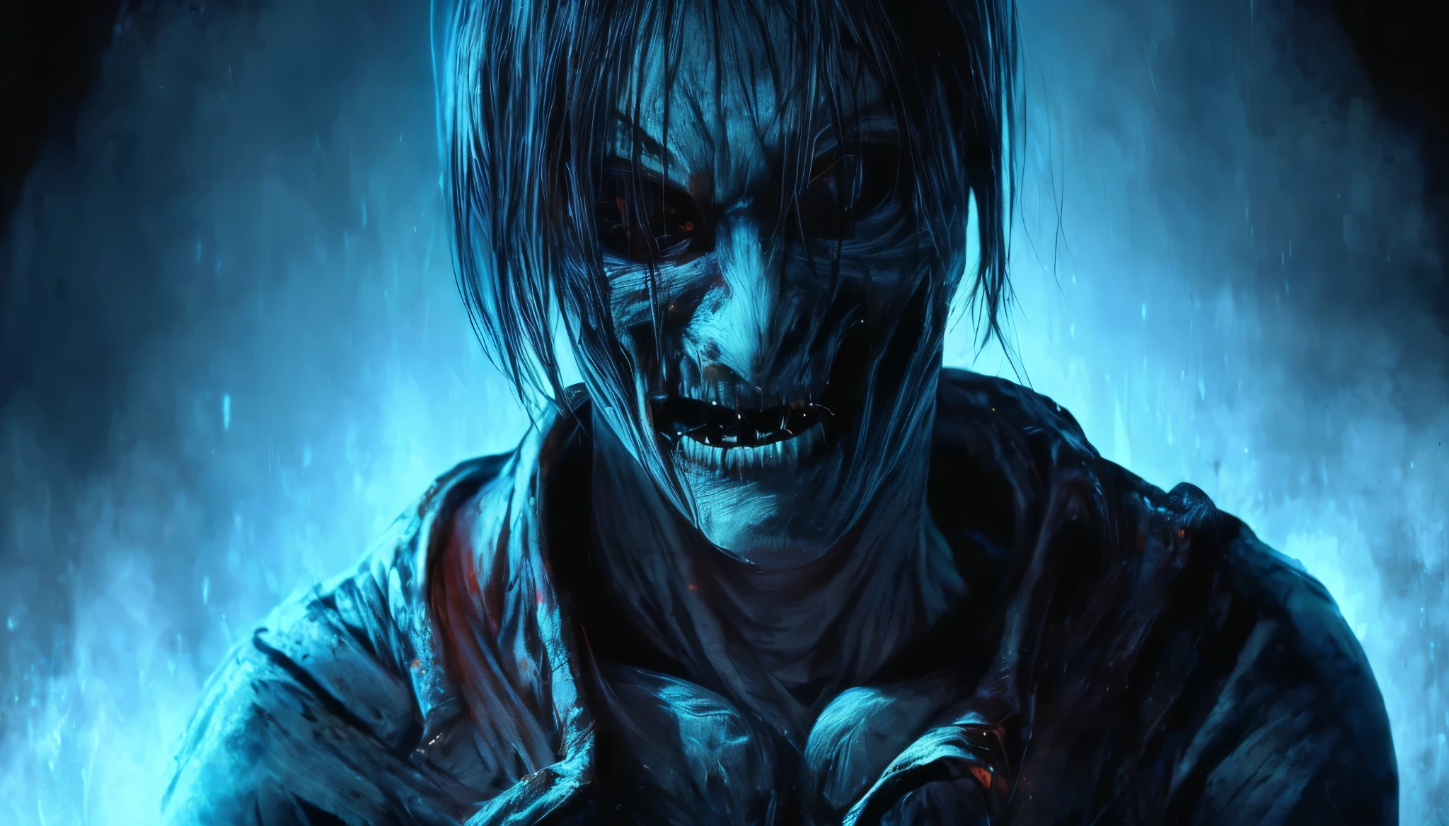 (Upper body、from the chest up:1.5), disgusting horror images, unknown creature、evil smile and glowing eyes, 4K scary art, Best Jump Scare Scenes, Very scary, glowing eyes and mouth, black eyes shine, his eyes are black and shining, blue shining face, completely black eyes、No pupil、There's no blood