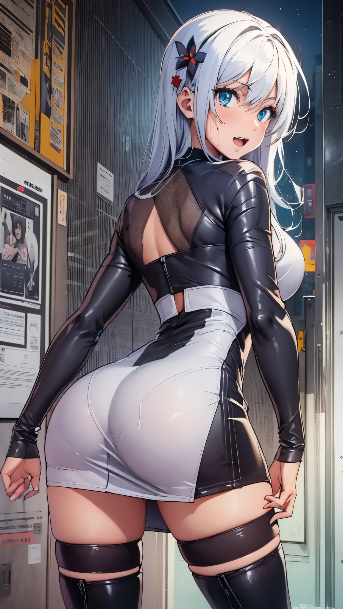 woman,,,city,night,(((white and blue tight miniskirt bodysuit))),,open mouth smile(())(See-through),(()),((Saten Ruiko)),blush、surprised face,(leather thigh high boots),((look back))(wet with sweat)
