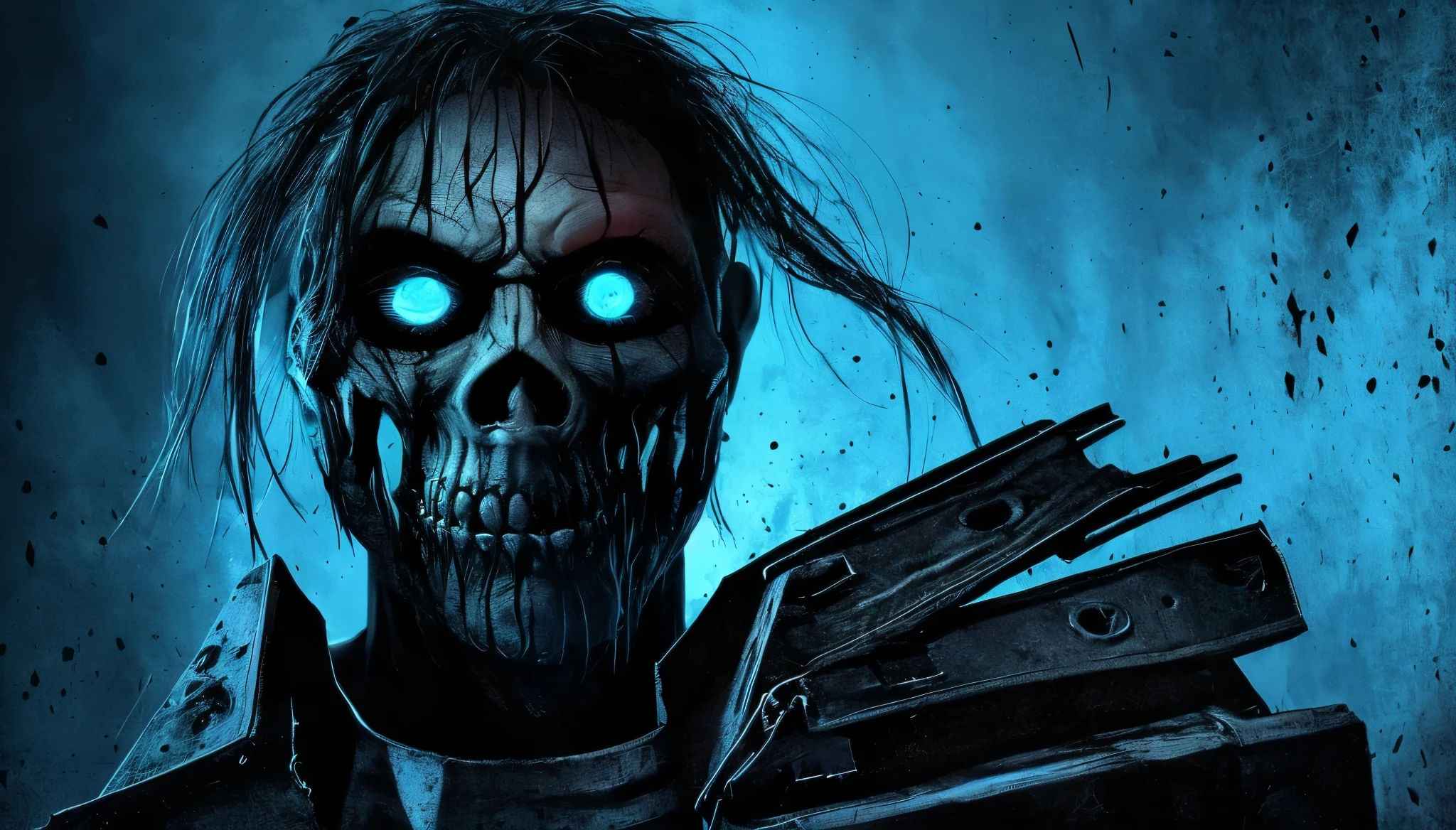 (Upper body、from the chest up:1.5), disgusting horror images, unknown creature、evil smile and glowing eyes, 4K scary art, Best Jump Scare Scenes, Very scary, glowing eyes and mouth, black eyes shine, his eyes are black and shining, blue shining face, completely black eyes、No pupil、There's no blood