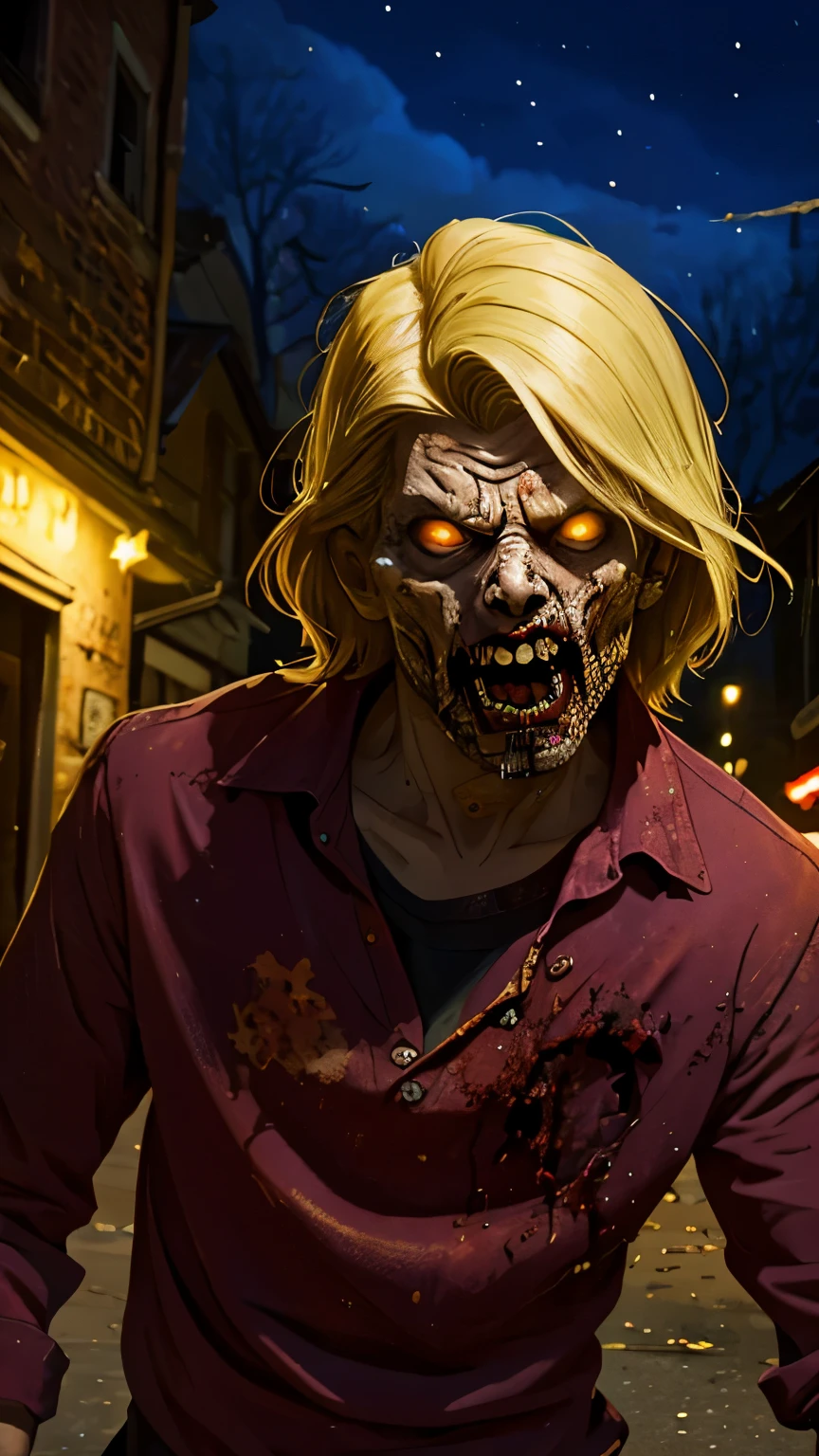 (masterpiece, best quality:1.2), ((RAW photo, Best quality)), (Realistic, photo-realistic:1.2) a evil zombie, blond, hottinig, horror, creepy, night, ((White eyes)). Horror, creepy, night, (((White eyes))), angry. ((Pale or greenish skin)), wounds, empty eyes, torn clothes, slow movements, guttural noises, aggressive and cannibalistic behavior. Cinematic lighting.