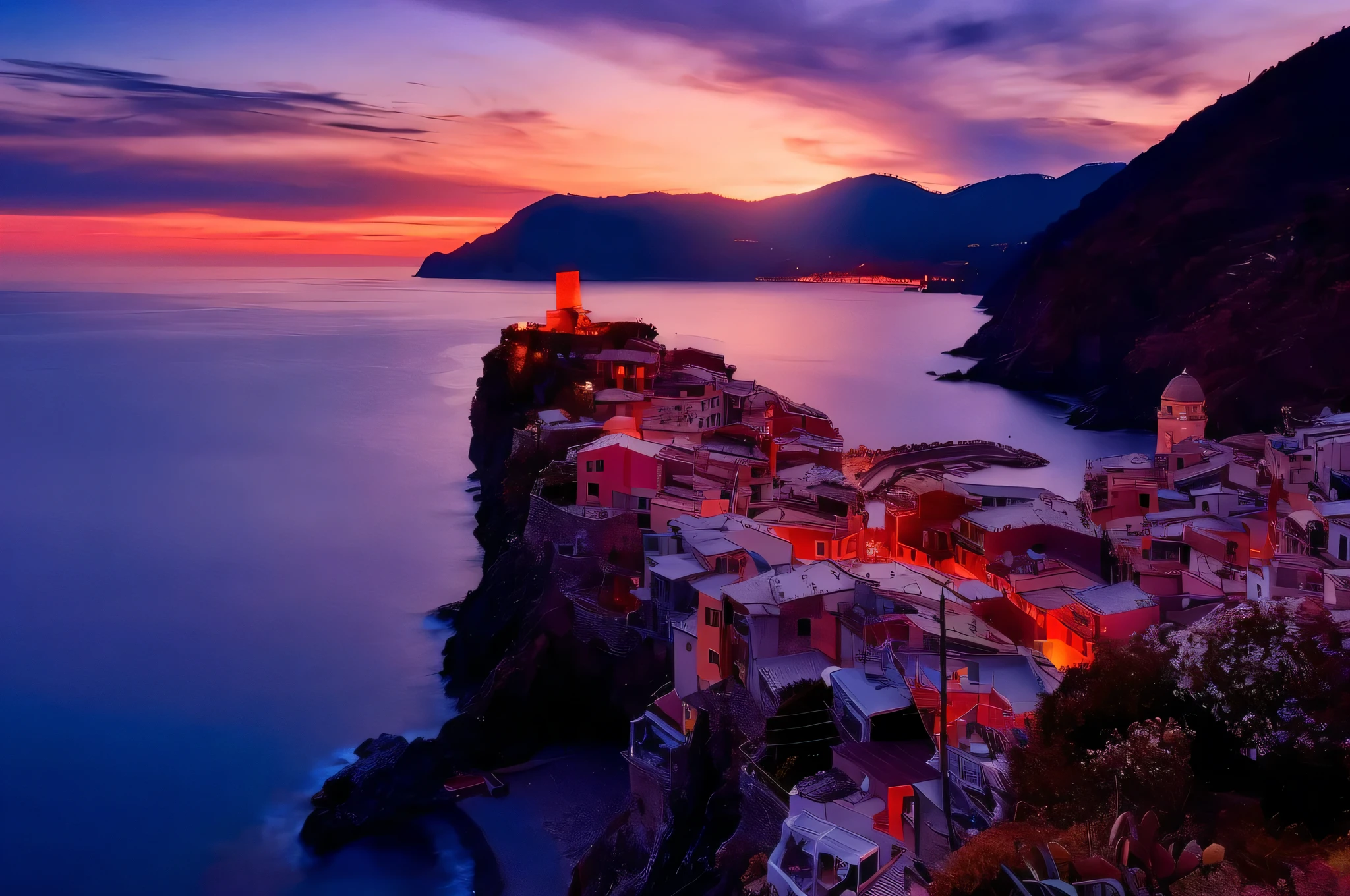 arafed view of a town on a cliff overlooking the ocean, cinq terre, italian mediterranean city, italy, cliffside town, beautiful place, beautiful and spectacular dusk, by Tommaso Dolabella, city of pristine colors, breathtaking colors, fantasy italy, pexels contest winner, sunset view, mediterranean city, nice sunset, incredibly beautiful, by Bernardino Mei