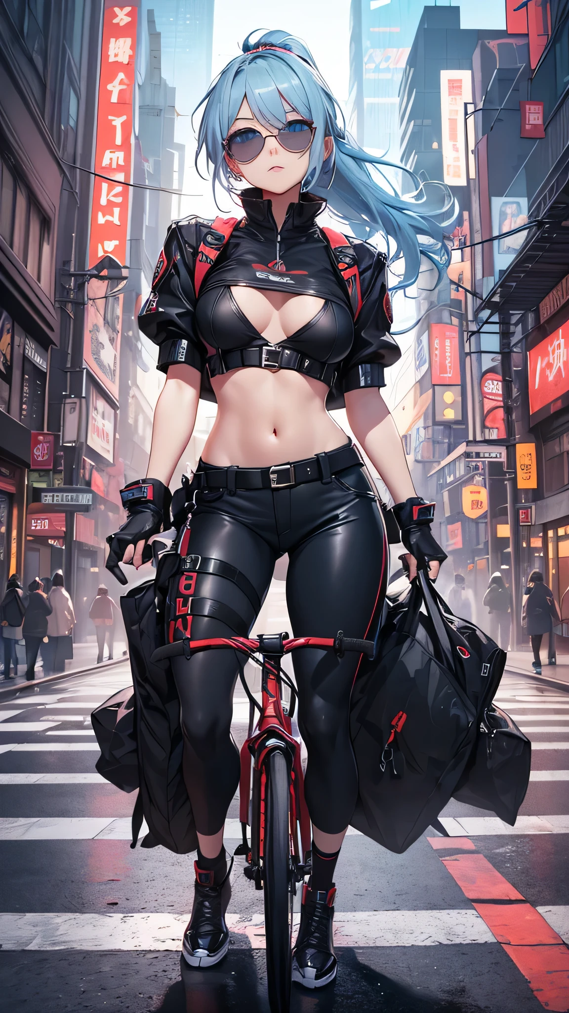 最high quality、best image quality、masterpiece、girl((20-year-old、 By becoming、vest bust、medium bust,wide open breast tea、shining eyes, light blue hair、long hair、thin,highest valley、ponytail、action of looking up、right arm bandage、Black shirt with wide open chest、berry shorts、cool pose、holding a black smartphone、Cyber Sunglasses、ride a cool bike)),high quality、beautiful art、background((cyberpunk city、punk house))、Flight、debris flies、Depth of written boundary、movie、visual art、perfect art、8k,genuine、