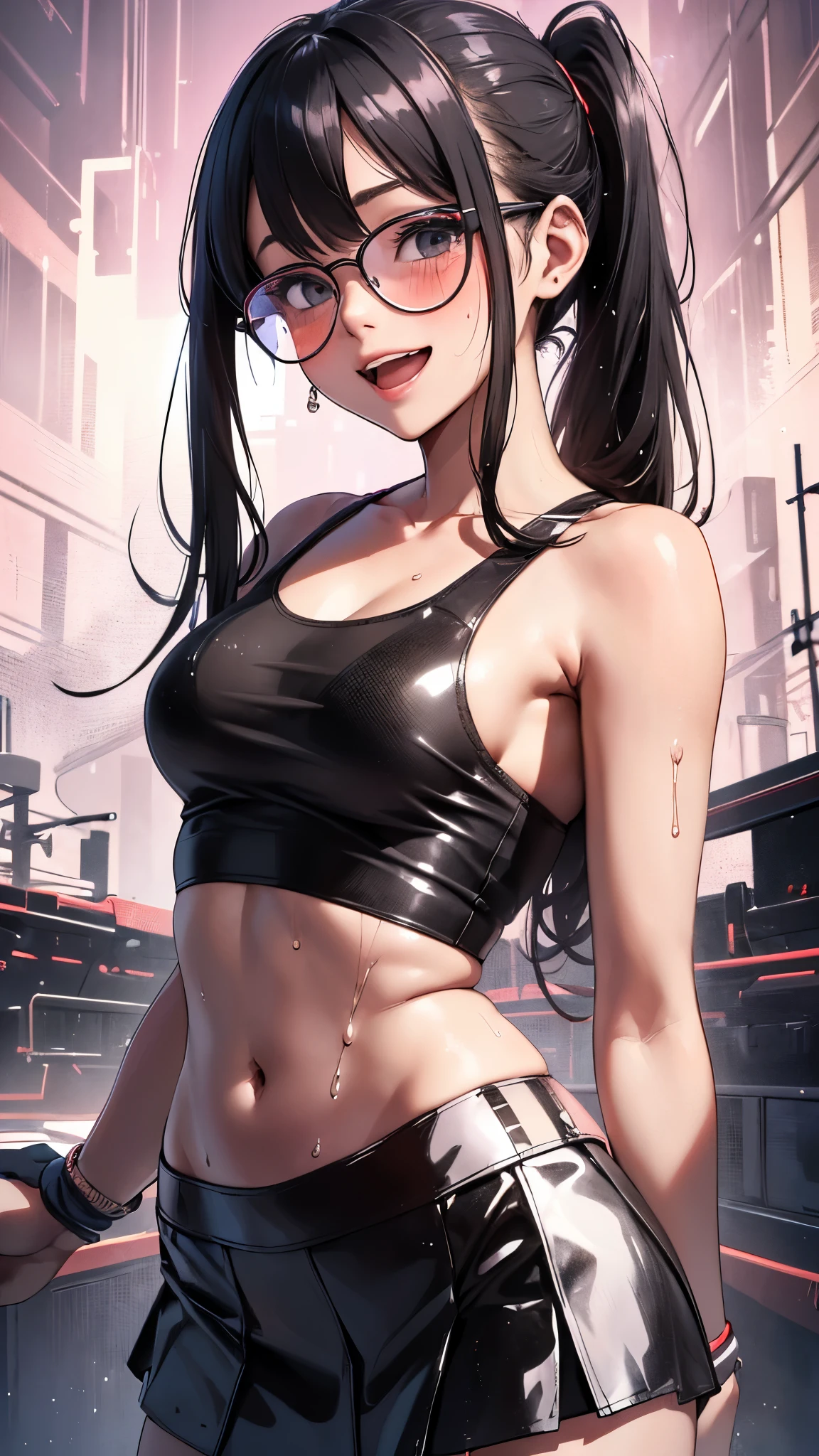 1 female,black hair,25 years old,(((blue shiny micro tight skirt)))((white tank top))(((blush、open mouth smile)),(((straight hair))),(((portrait))),crowd,,(wet with sweat)(sexy black bra and see-through tank top)(Glasses)(((small breasts)))((low ponytail))