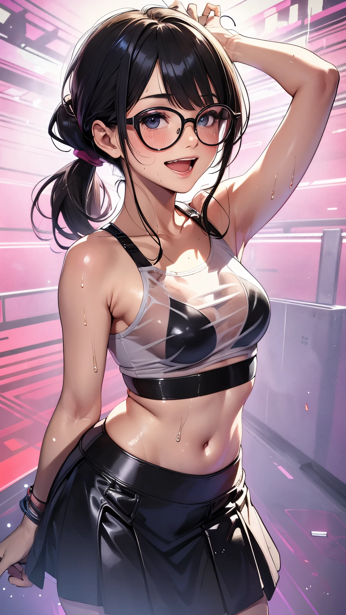 1 female,black hair,25 years old,(((blue shiny micro tight skirt)))((white tank top))(((blush、open mouth smile)),(((straight hair))),(((portrait))),crowd,,(wet with sweat)(sexy black bra and see-through tank top)(Glasses)(((small breasts)))((low ponytail))