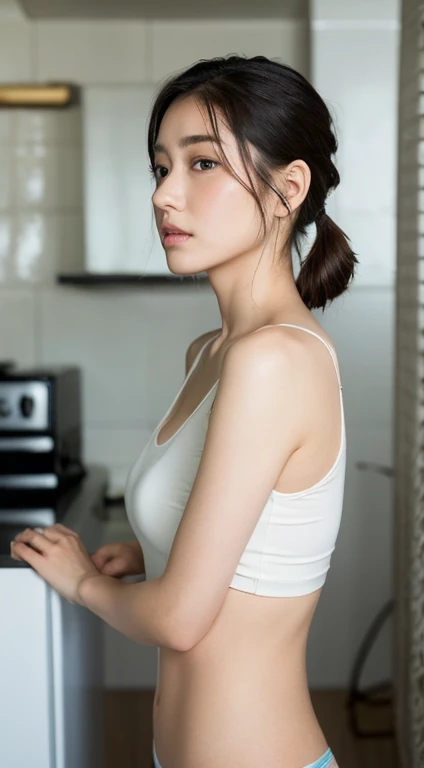 (The Highest Quality、8k、master masterpiece:1.3)、Beautiful girl with perfect figure:1.4、Dark hair、ponytails、Not wearing clothing、not wearing panties、Not wearing underwear、in a kitchen、very detailed face and skin、Detailed eye、Double Eyelid、Detailed body、Smaller bust、From Side、Shame、Chest visible from the side、The chest is hidden by the hands、