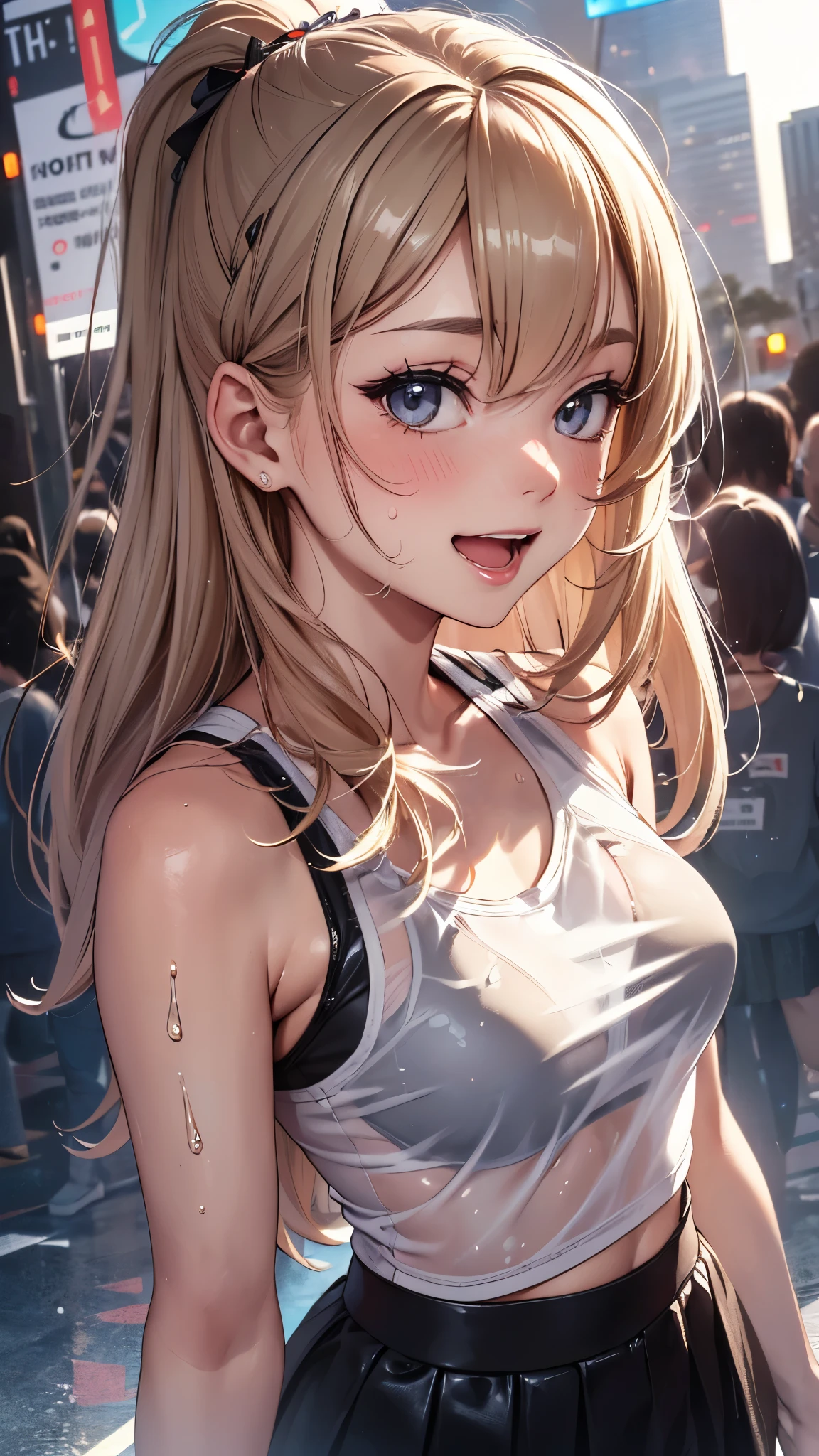 1 female,golden hair,25 years old,(((blue shiny micro tight skirt)))((white tank top))(((blush、open mouth smile)),(((straight hair))),(((portrait))),crowd,,(wet with sweat)(sexy black bra and see-through tank top)()(((small breasts)))