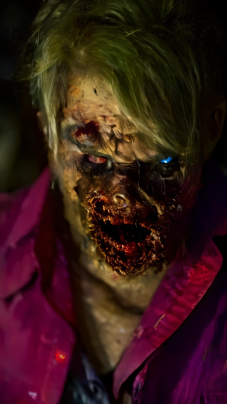 (masterpiece, best quality:1.2), ((RAW photo, Best quality)), (Realistic, photo-realistic:1.2) a evil zombie, blond, hottinig, horror, creepy, night, ((White eyes)). Horror, creepy, night, (((White eyes))), angry. ((( Exposed brain))), ((Pale or greenish skin)), wounds, empty eyes, torn clothes, slow movements, guttural noises, aggressive and cannibalistic behavior. Cinematic lighting.