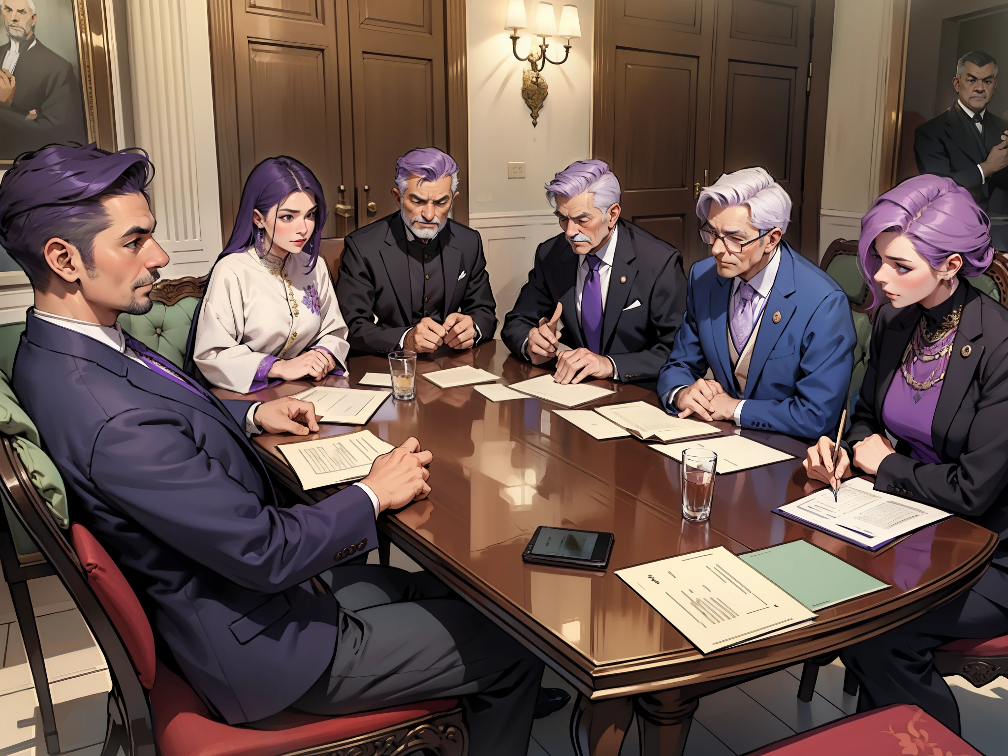 Middle-aged people in the national government meet to discuss issues. They all have purple hair and are dressed in elegant Persian clothes.