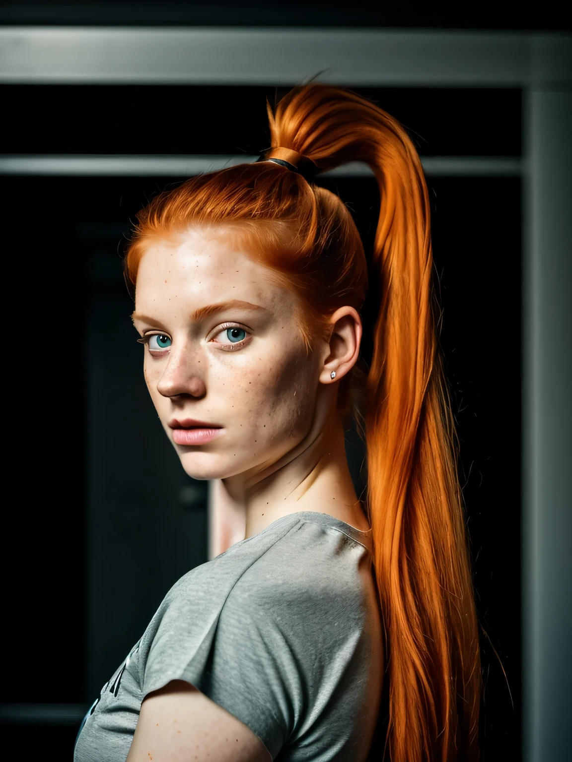8k, RAW photo, highest quality, epic realistic, a pale 19-year-old Irishwoman sitting on the chair in her lawn, with bright red matted hair, captivating blue eyes, medium breasts, dynamic posture, erotic face, wearing black tracksuit and a smart watch in her hand, looking at the camera, intricate details, cinematic, bright lighting, big angle shot, full-length portrait, Key lighting, (backlight: 0.5), medium depth of field, Canon 5D, 50mm lens, f/4 aperture, (ultra-detailed, complex detail), sharp focus, 8k, absurd, 8mm film grain, flirting with camera, (detailed eyes:0.8),
(looking at the camera:1.4), (highest quality), (best shadow),
intricate details,cinematic,((skin:1.4)),interior, (long ponytail ginger hair:1.3)
,dark studio,(hdr:1.5),detailed, muted colors, freckles, (bright lighting: 0.7),
masterpiece, big angle shot, RAW photo
