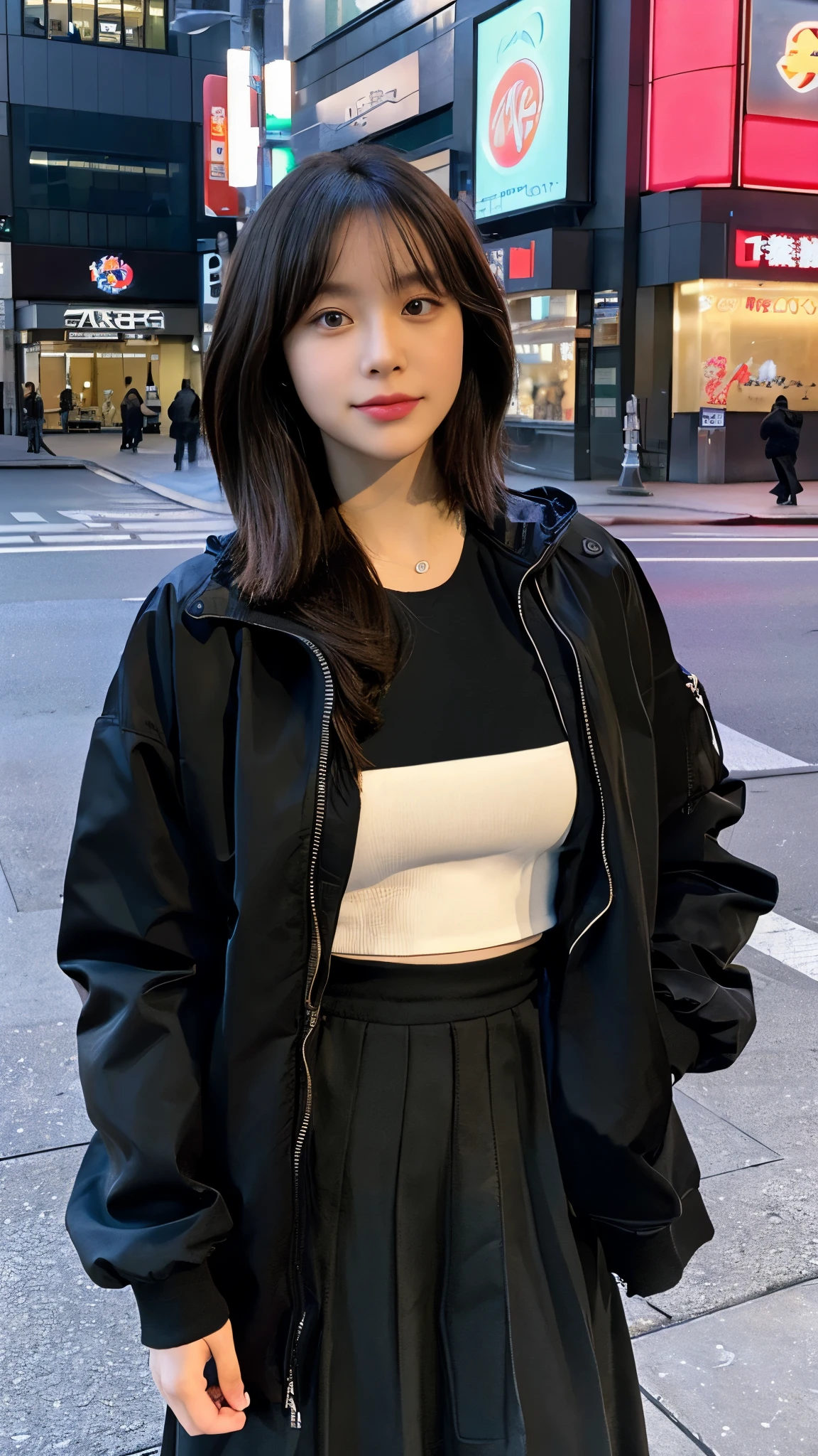 whole body, (((Wearing a big black down jacket ))), wearing a black long skirt,// bewitching eyes, balanced eyes, //Street Snap // ((facing the viewer)), //On the streets of Tokyo, //japanese lady, pale skin, //droopy eyes,//Short pink hair, //((standing)), high quality:1.3, professional lighting:2.0 realistic:1.2, 4K resolution, detailed skin, masterpiece:1.1