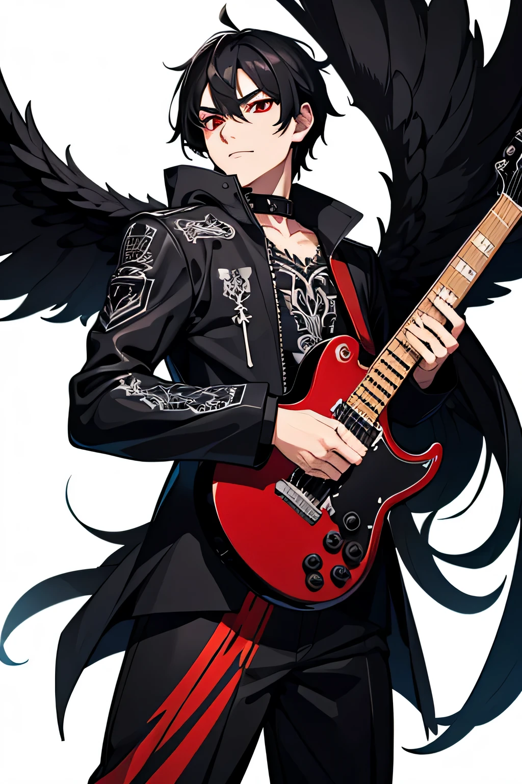 1 junger Mann, schwarzes Haar, Rote Augen, wearing a metal band outfit, Schwermetall, White background, pixel art, High Resolution, ultrascharf, 8k, Meisterwerk, Blick auf viewe