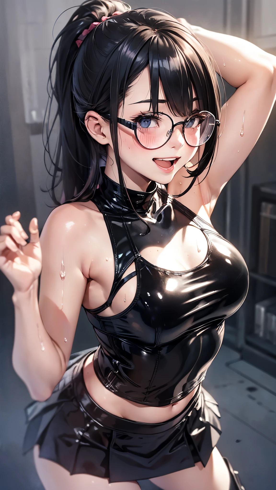 1 female,black hair,25 years old,(((blue shiny micro tight skirt)))((white tank top))(((blush、open mouth smile)),(((straight hair))),(((portrait))),crowd,,(wet with sweat)(sexy black bra and see-through tank top)(Glasses)(((small breasts)))((low ponytail))leather thigh high boots