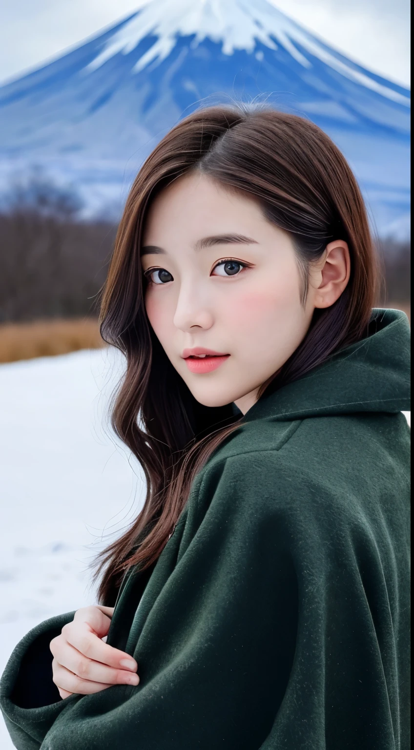 realistic photos of (1 cute Korean star) Shoulder-length hair, thin makeup, medium breasts size, wearing coat, in the snow, clear facial features, 8K high resolution, sharp and realistic details from outside, Eye-Level Shot, f/4.0, 135mm, Fujifilm, jpeg artifacts, dithering, UHD, masterpiece, Mount Fuji in the background.