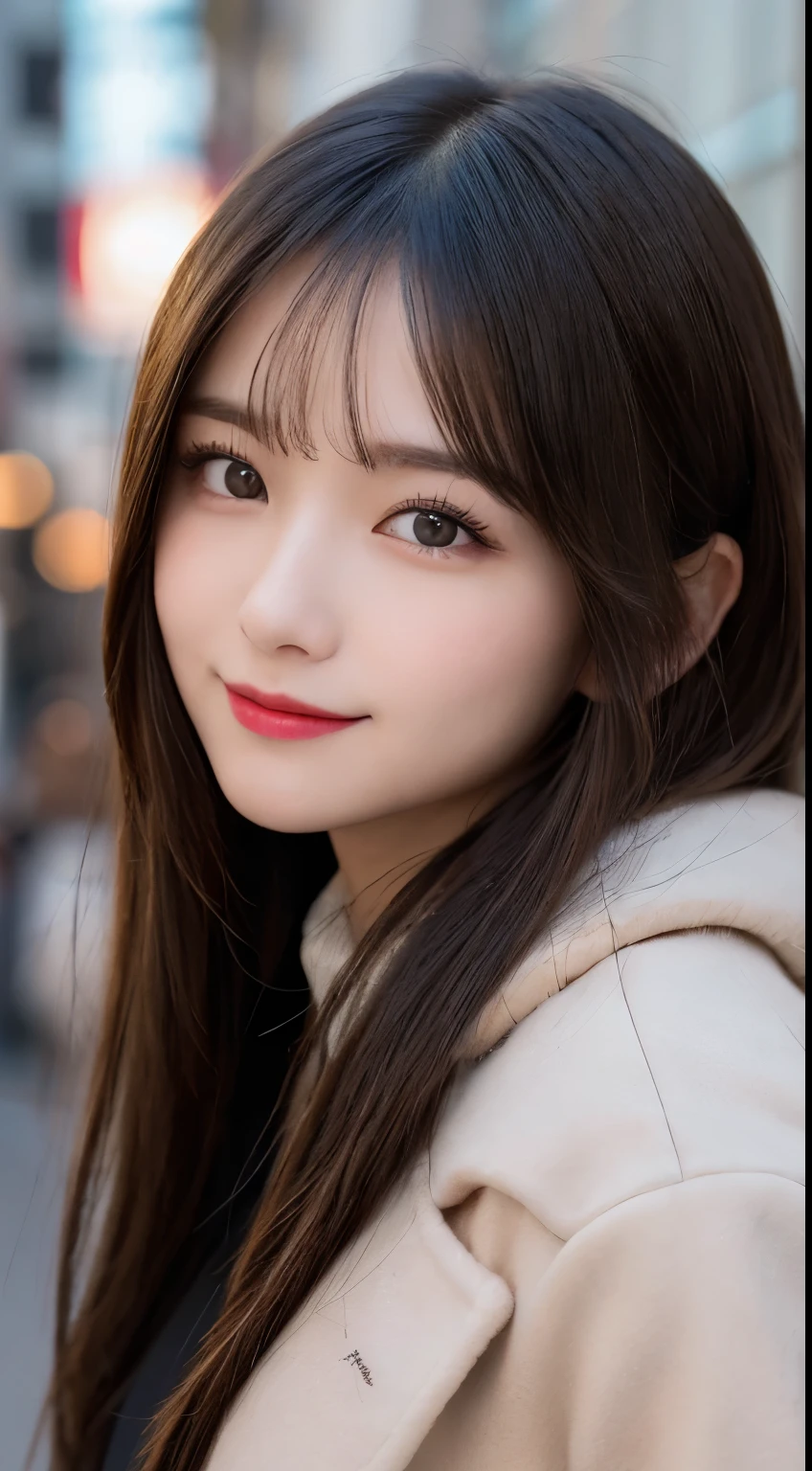 table top, highest quality, shape, Super detailed, finely, High resolution, 8k wallpaper, 完璧なダイナミックな構shape, beautiful and detailed eyes, Tokyo trend winter fashion（dress）, small breasts, natural color lip, random sexy pose,cute smile、20 year old girl、beautiful and detailed face、perfect and beautiful face,Big eyes、Wearing a fluffy black luxury mink coat、beautiful and detailed face、perfect and beautiful double eyelids、blur background、perfect and beautiful face、bright look、straight hair、Raise your chin and look up、Take a picture of a sideways face