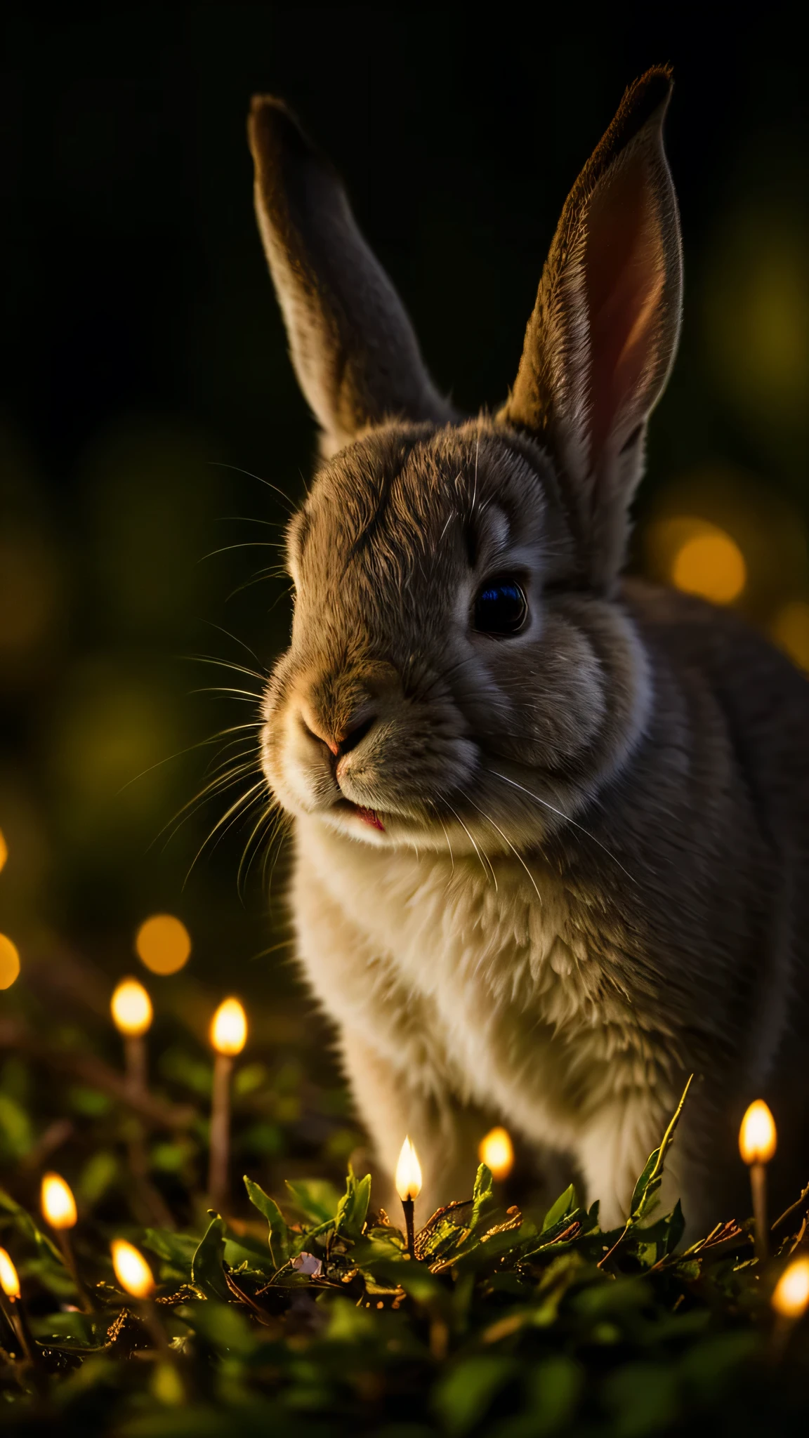close up photo of a rabbit in an enchanted forest, nighttime, fireflies, volumetric fog, halation, bloom, dramatic atmosphere, centred, rule of thirds, 200mm 1.4f macro shot