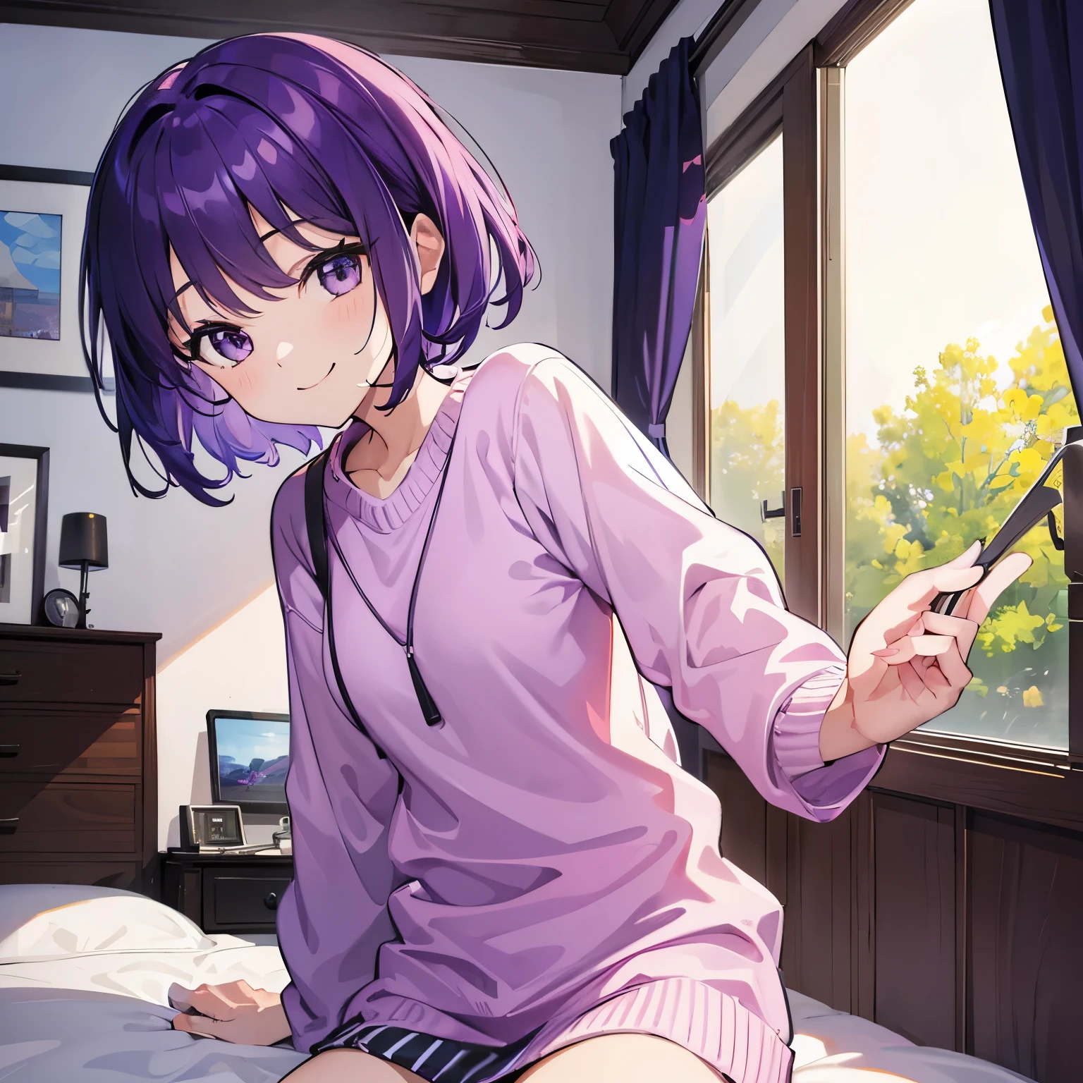 (T Masterpiece,4k wallpaper,best quality))、((girl1people))、(solo)、Shining and vivid,(purple hair)、(shortcut:1.3)、smile、Bedroom、sweater、morning