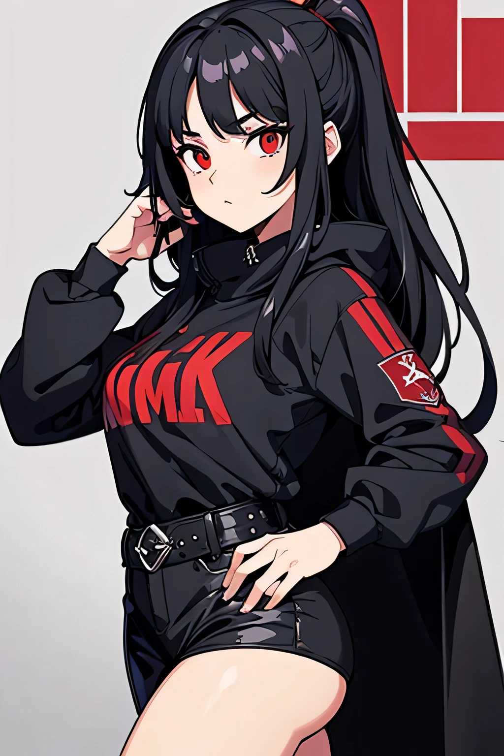 1 junge Frau, schwarzes Haar, Rote Augen, wearing a metal band outfit, Schwermetall, Gitarre, White background, pixel art, High Resolution, ultrascharf, 8k, Meisterwerk, Blick auf den Betrachter