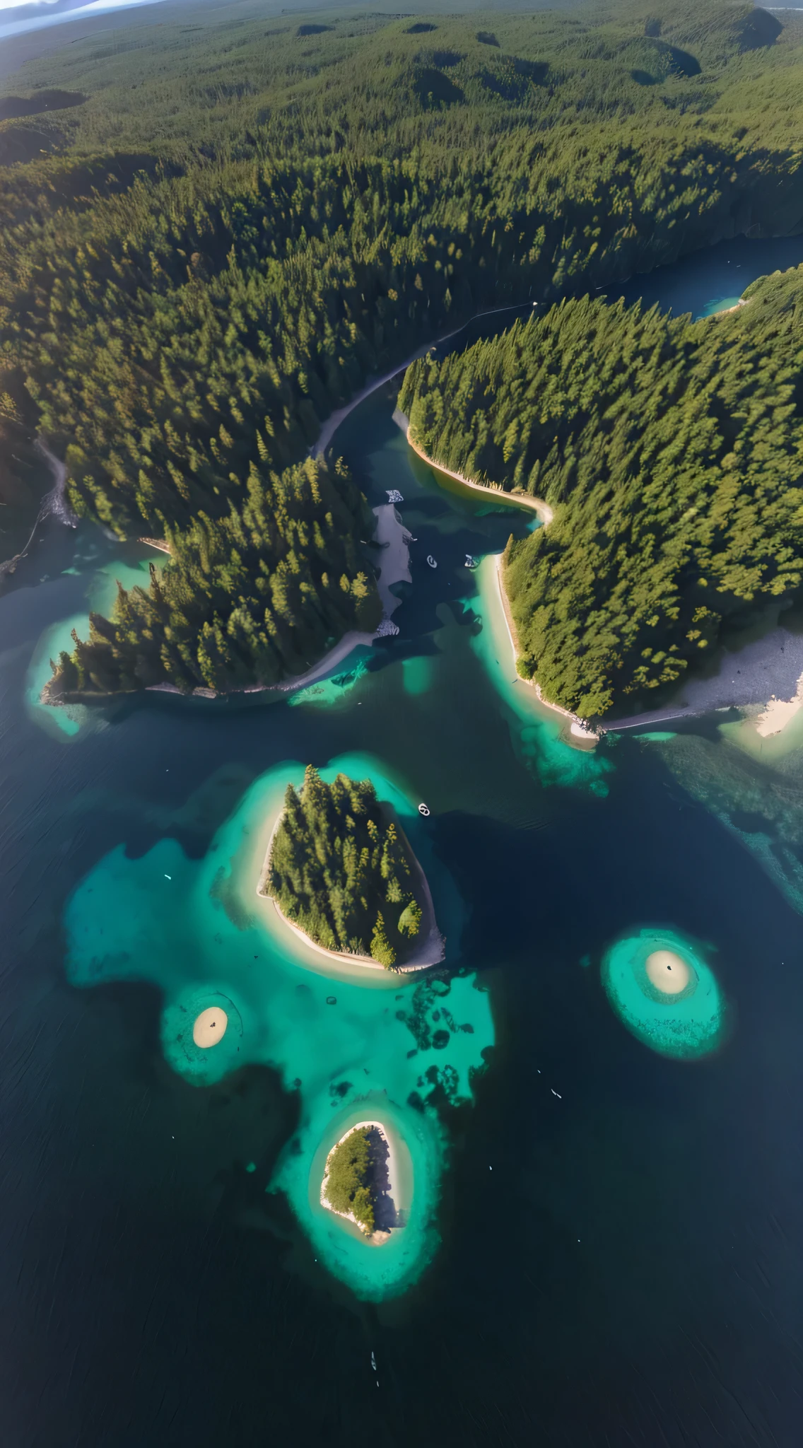 arafed view of a group of islands in the middle of a lake, shot from a drone, 4k drone photography, drone photography, british columbia, shot from above, many islands, seen from above, aerial, from above, very close to real nature, shot from drone, soaring over a lake in forest, view from above, flying islands