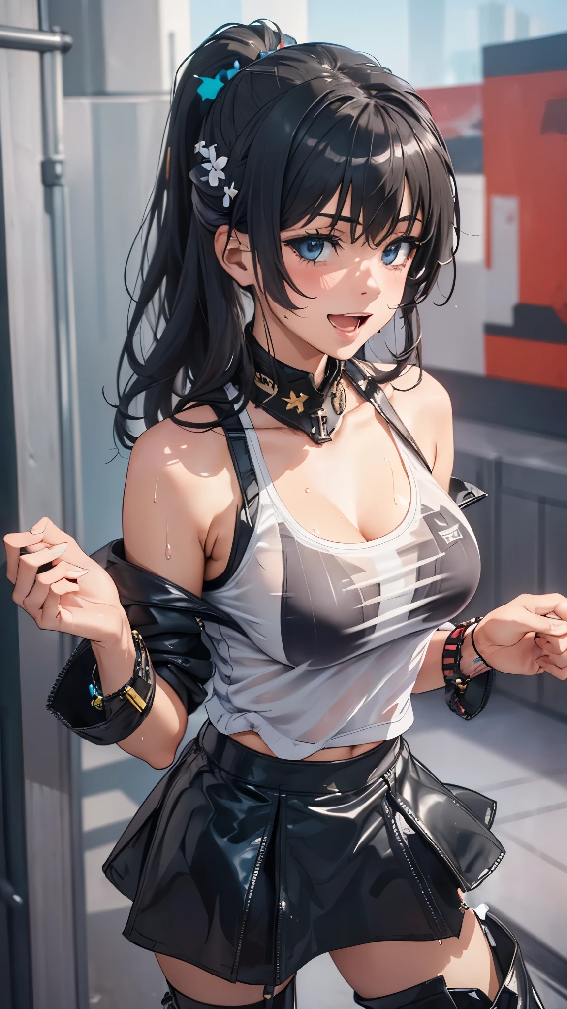 1 female,black hair,25 years old,(((blue shiny micro tight skirt)))((white tank top))(((blush、open mouth smile)),(((straight hair))),(((portrait))),crowd,,(wet with sweat)(sexy black bra and see-through tank top)(leather thigh high boots)(((big breasts)))((low ponytail))Saten Ruiko