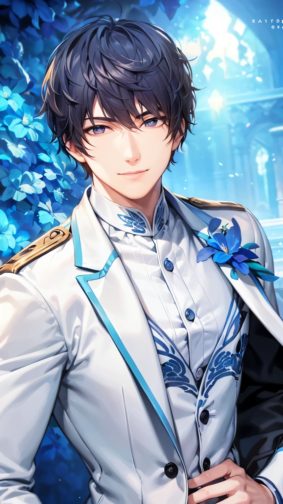 a handsome guy、serious expression、please close your mouth、Fantastic floral background、Highly Detailed CG Unity 8K Wallpaper, (super masterpiece, beautiful person, well detailed face polluted smile, It's photorealistic, hyper realistic)