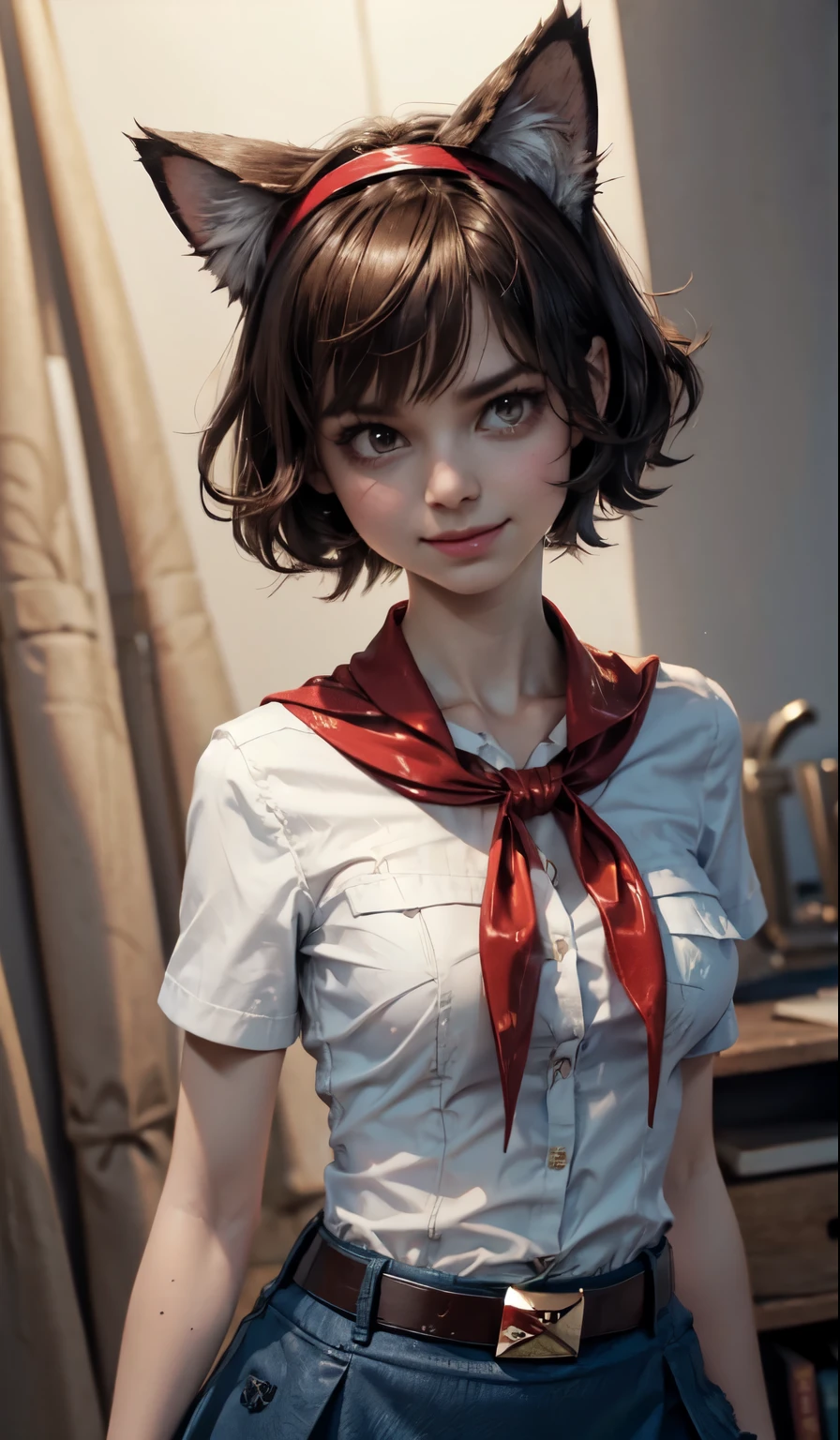 very young slim fit girl, pioneer neckerchief, very short blue skirt, bangs, collarbone, tight white shirt, bursting breast, short sleeves, collared shirt, belt, red neckerchief, full height, rounded face, very long disheveled dark brown hair, big brown eyes, sluty smile, perfect flat breast, parororo, band on head with fake cat ears, ginagerson