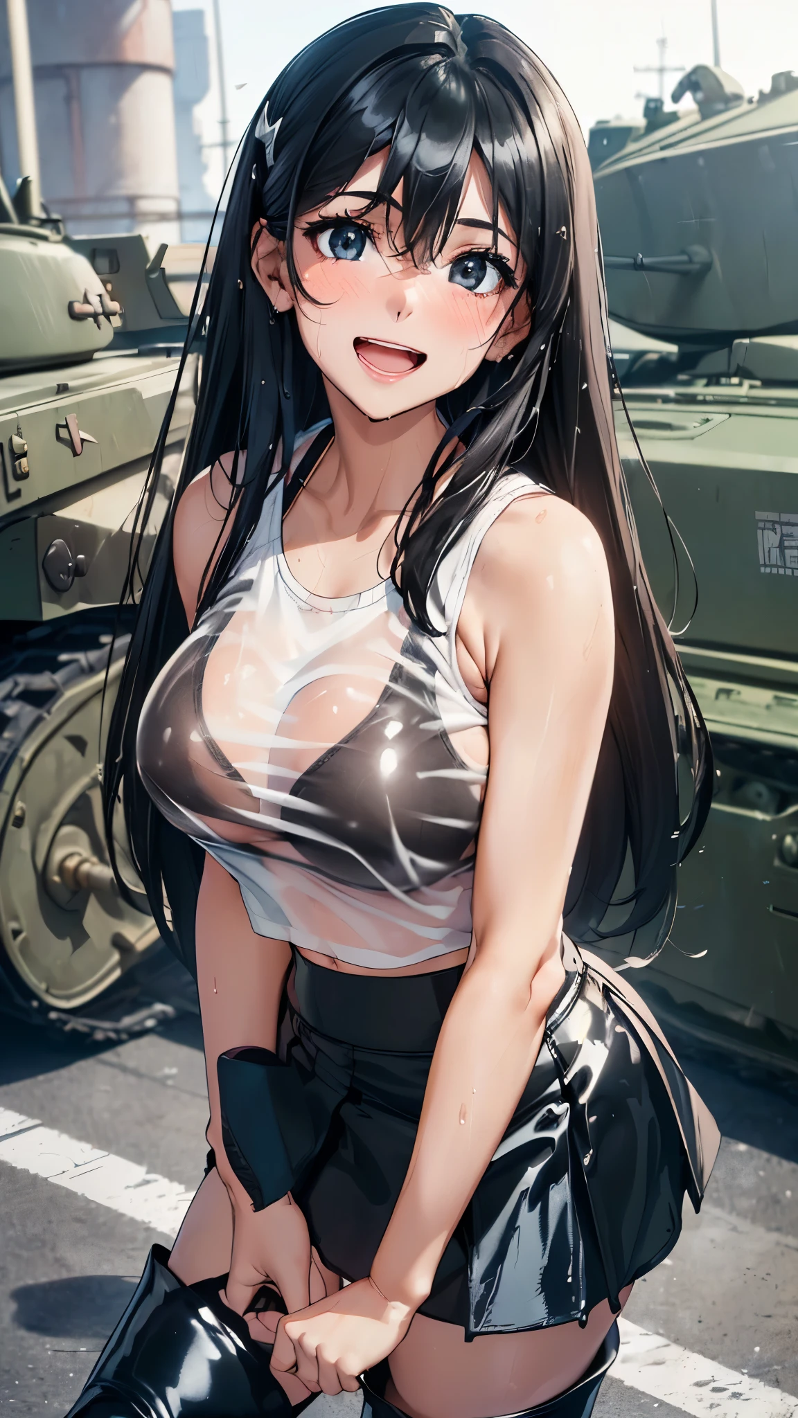 1 female,black hair,25 years old,(((blue shiny micro tight skirt)))((white tank top))(((blush、open mouth smile)),(((straight hair))),(((portrait))),crowd,,(wet with sweat)((sexy black bra and see-through tank top))(leather thigh high boots)(((big breasts)))
