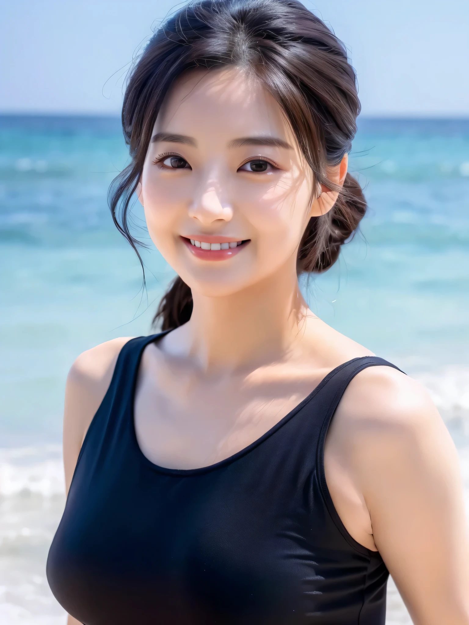 1 attractive、((highest quality、8K masterpiece:1.3))、sharp focus:1.2、(super beautiful face:1.0)、(shiny skin:1.0)、realistic pictures、black haired、video writing、High resolution eyes and face、video writing、(cute korean actress)、from the front、beautiful breasts、smile、The beauty of slender abs、whole body、Wearing a see-through T-shirt、on the beach at night