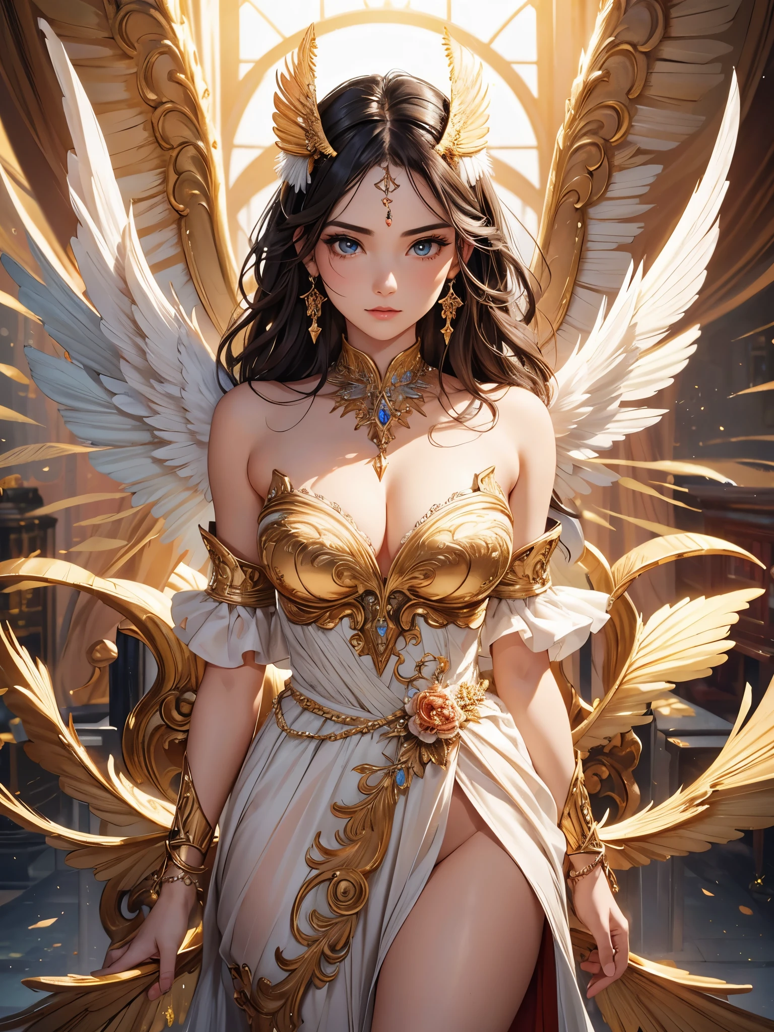 ((highest quality)),(ultra high resolution),(Super detailed),(detailed description),((best CG)),(best work of art),super precision art,amazing drawing art,(Art with precise details:1.5), (Female angels:1.5),(beautiful and neat face:1.6),(Powerful wings:1.6),(Jewelry with sparkling gems:1.,8),full of confidence々:1.2,