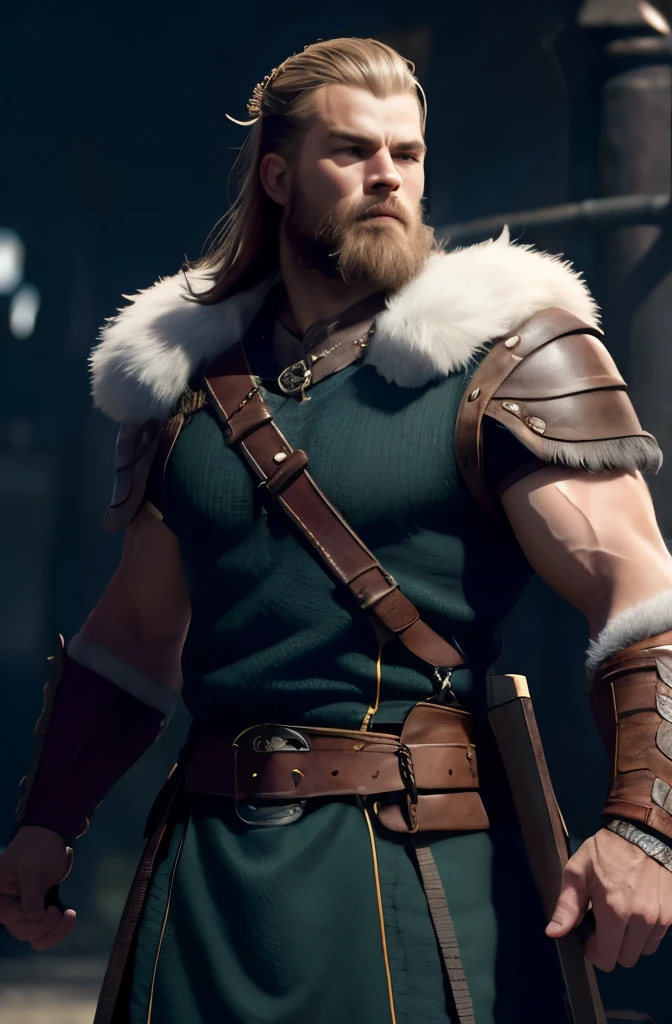viking, young man, strong man, realistically, dynamic light, old, gray stubble, full shot, (Highly detailed CG Unity 8k wallpaper), Trending at Art Station, Trending on CGsociety, high detail, sharp focus, dramatic, realistic, Leather belt at waist, Thigh, , , ,